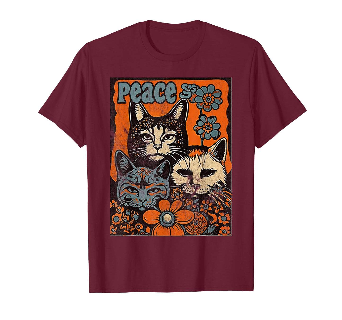 Cat Funny 60s 70s Hippie Vintage Flowers Groovy Psychedelic Men Women T-Shirt