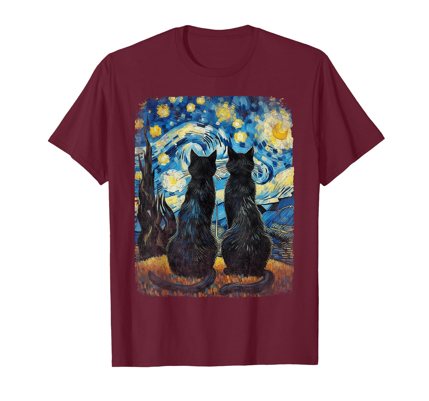 Cat Gifts for Cat Mom Dad Womens Starry Night Van Gogh Cat T-Shirt