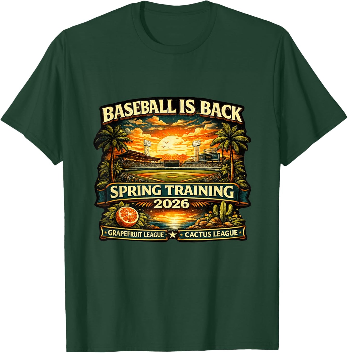 Spring Training Baseball is Back 2026 Retro Stadium Sunset T-Shirt - T-Shirt | Forest