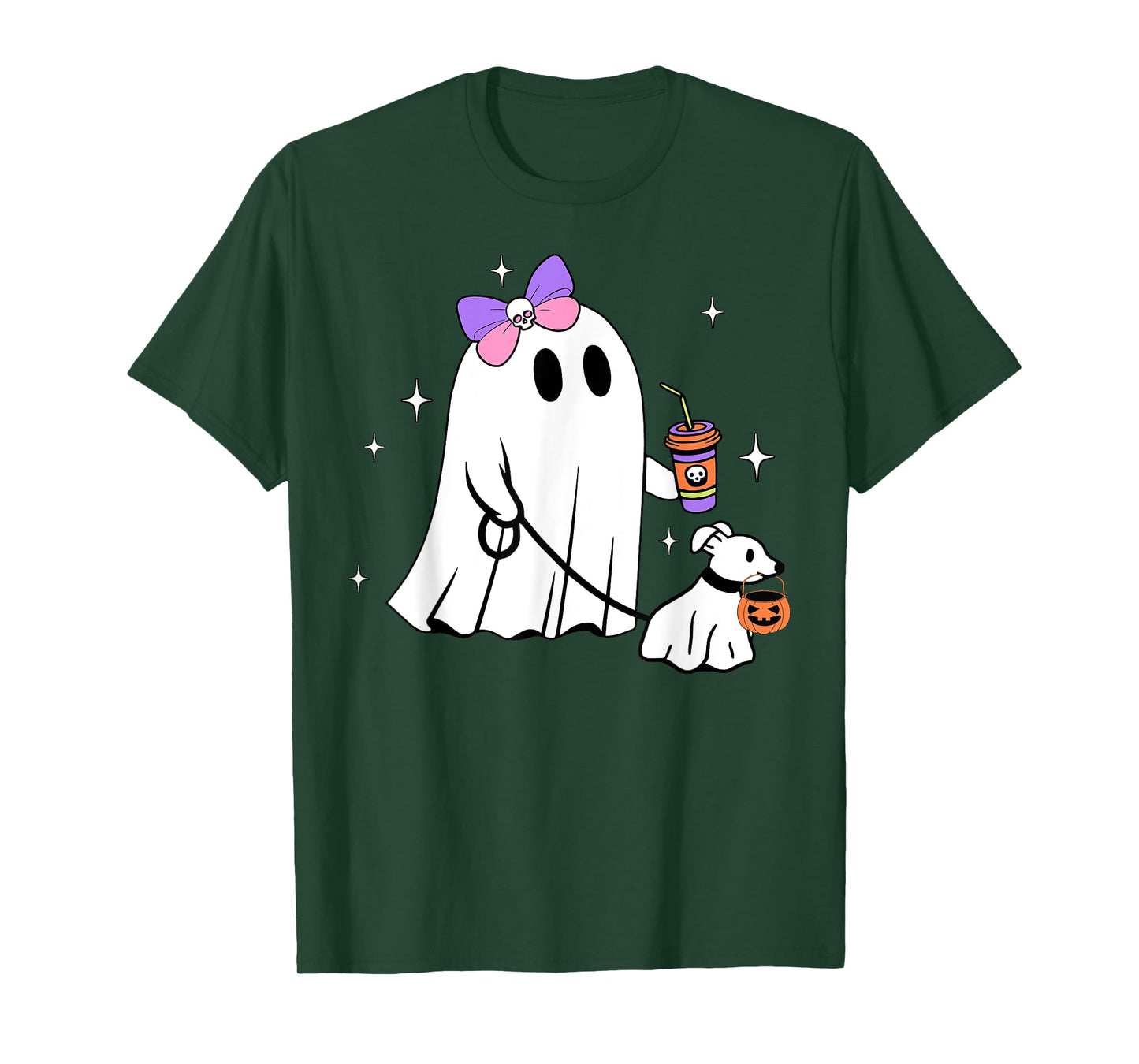 Halloween Cute Ghost Walking Dog Spooky Coquette Ghost Women T-Shirt
