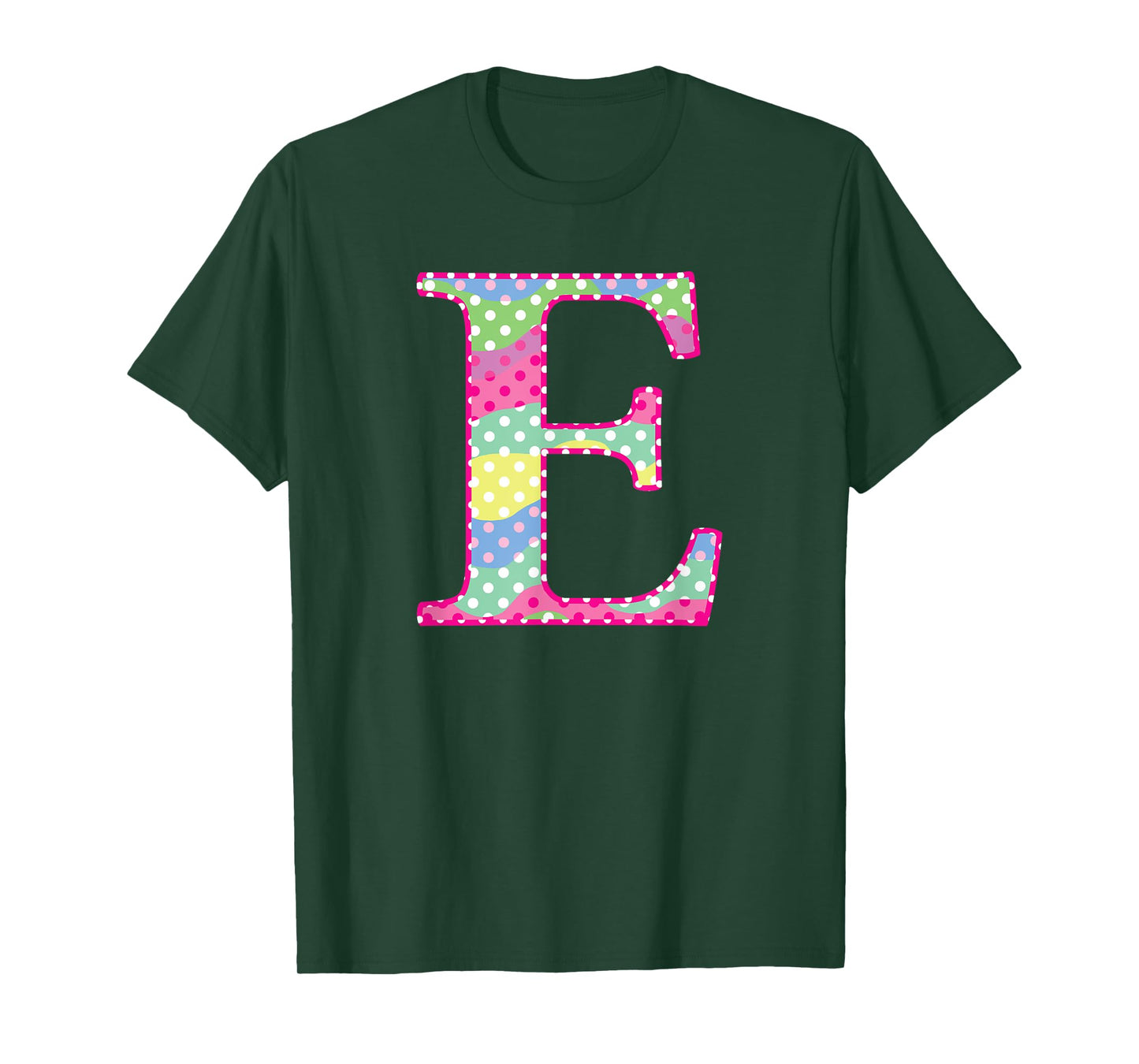 Girls Colorful Rainbow Polka Dot Monogram Initial Letter E T-Shirt