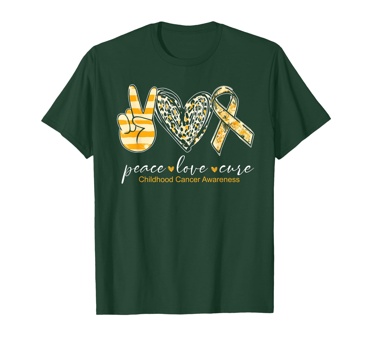 Peace Love Cure Gold Heart Ribbon Childhood Cancer Awareness T-Shirt