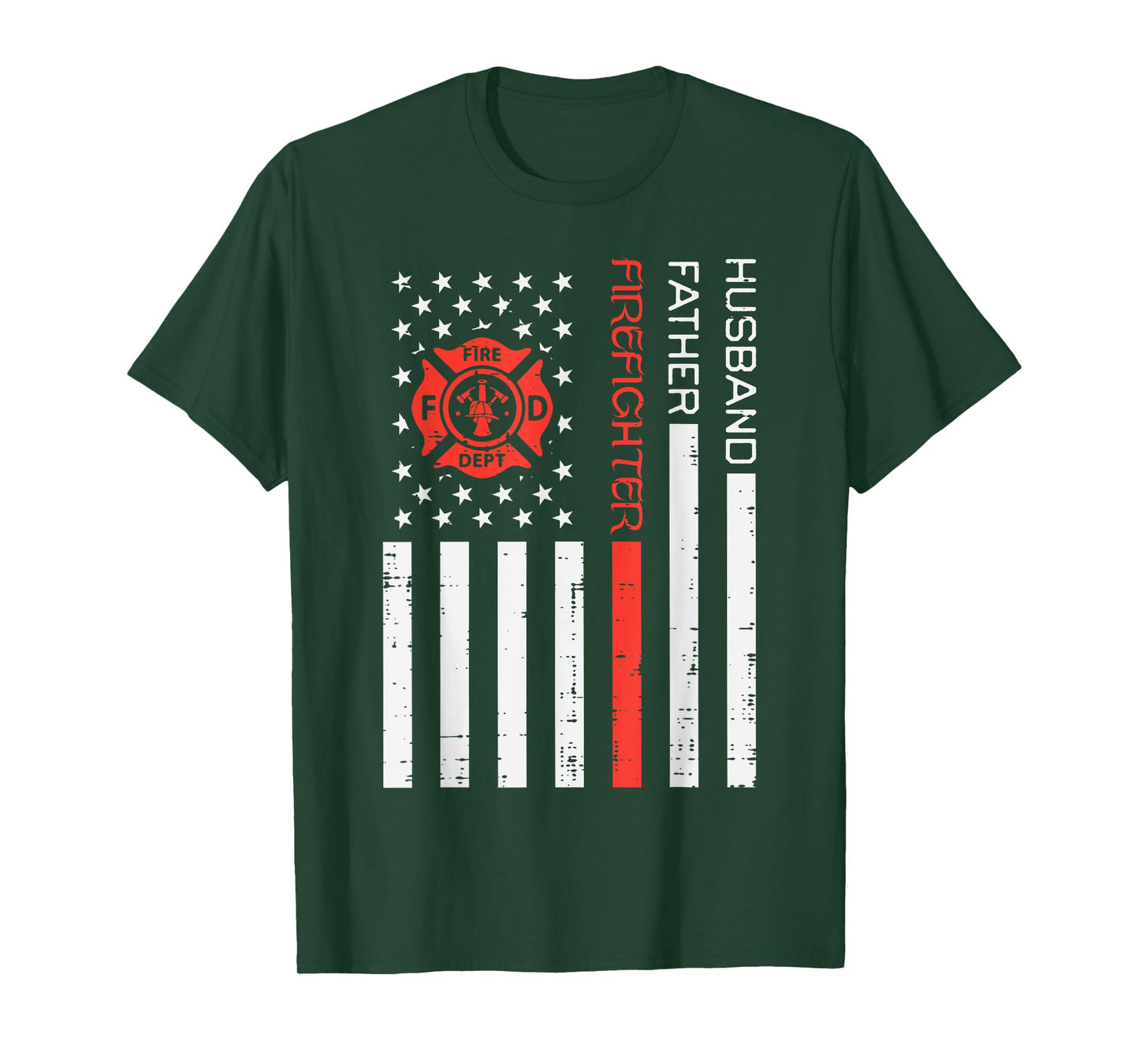 Husband Father Firefighter US Flag Red Line Fathers Day Men T-Shirt