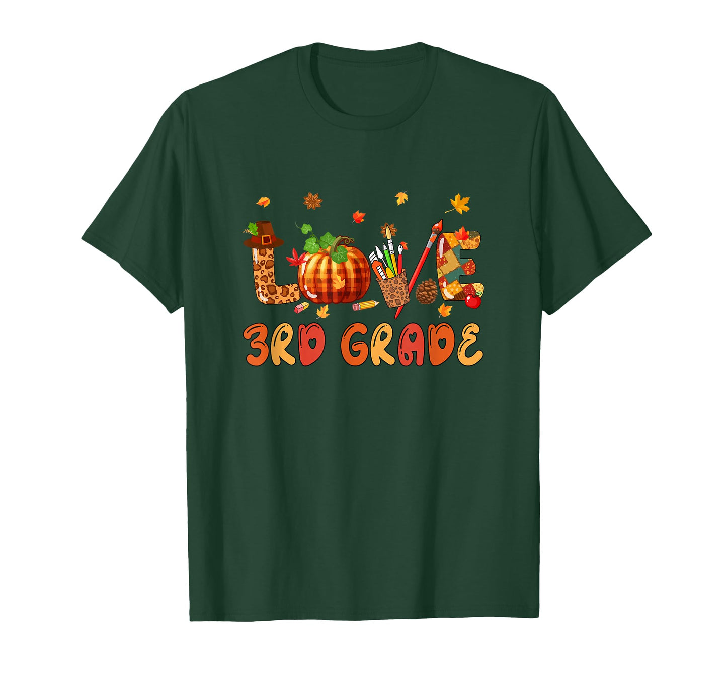 Love 3rd Grade Thanksgiving Leopard Fall Leaves Teachers T-Shirt
