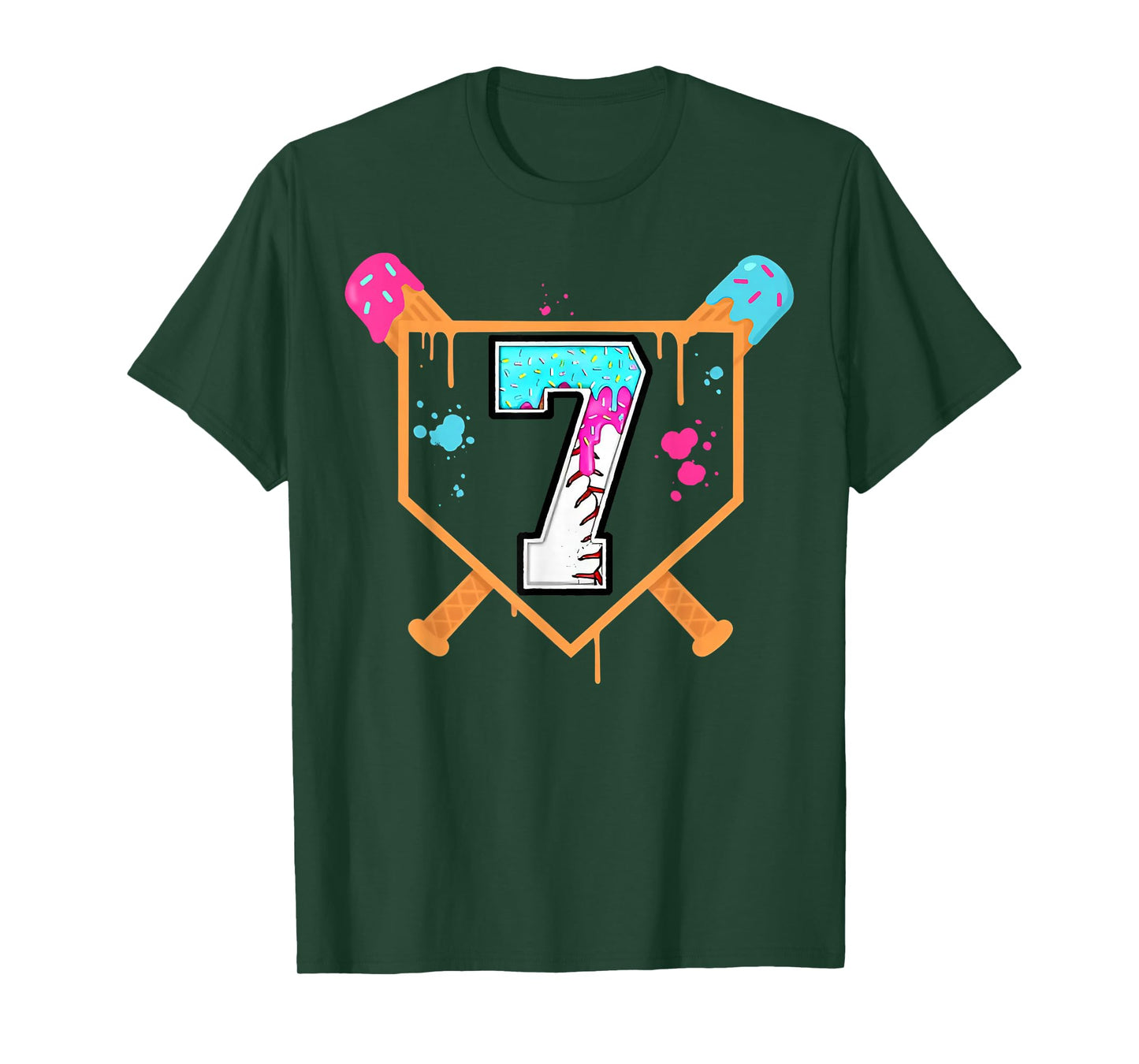 Baseball 7th Birthday Ice Cream Drip 7 Years Old Bday Boy T-Shirt