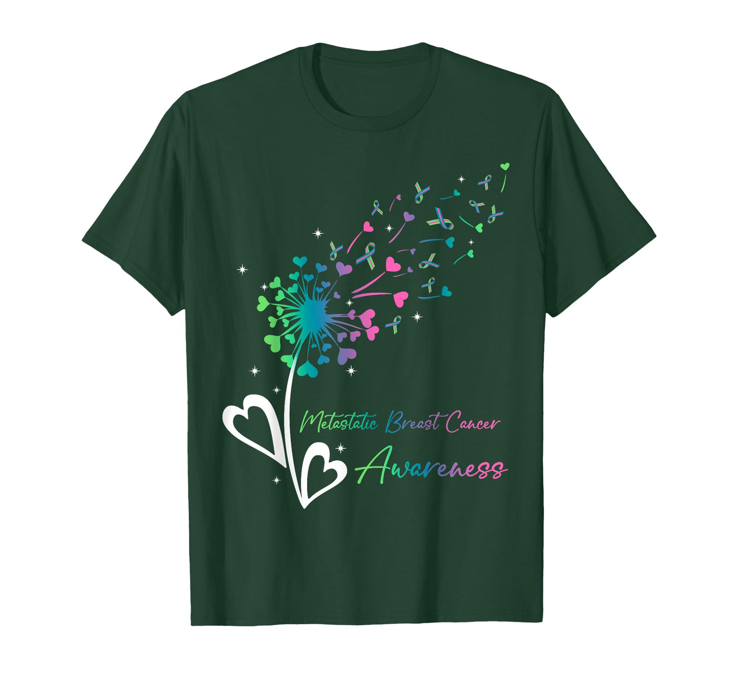 Heart Dandelion Flower Green Teal Pink Ribbons MBC Awareness T-Shirt