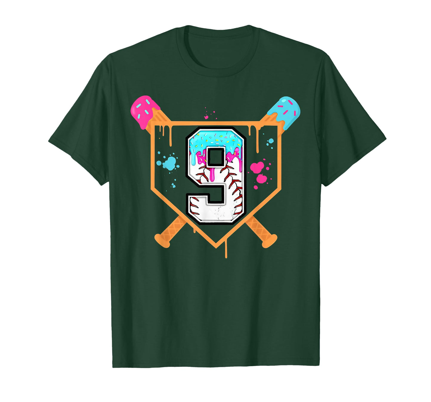 Baseball 9th Birthday Ice Cream Drip 9 Year Old Birthday Boy T-Shirt