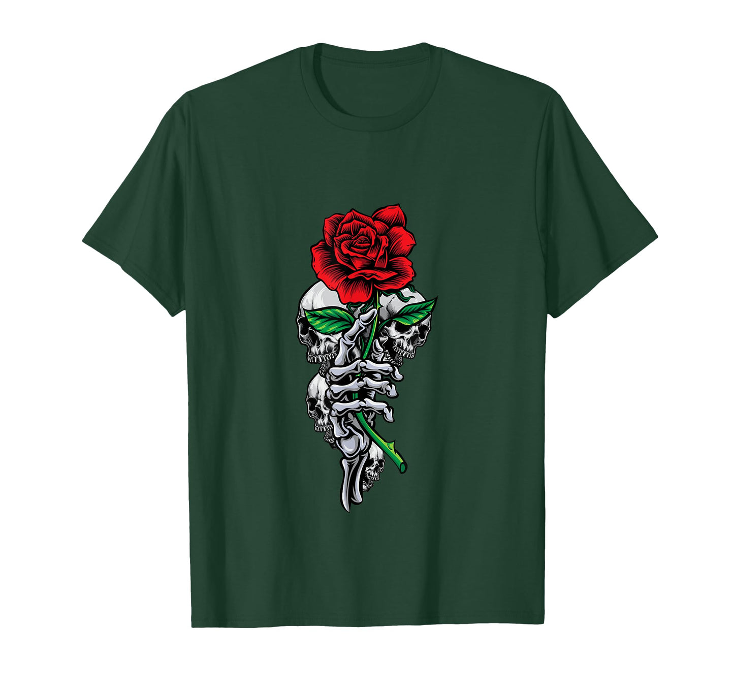 Skeleton Hand Red And Beautiful Rose Flower And Skulls Art T-Shirt