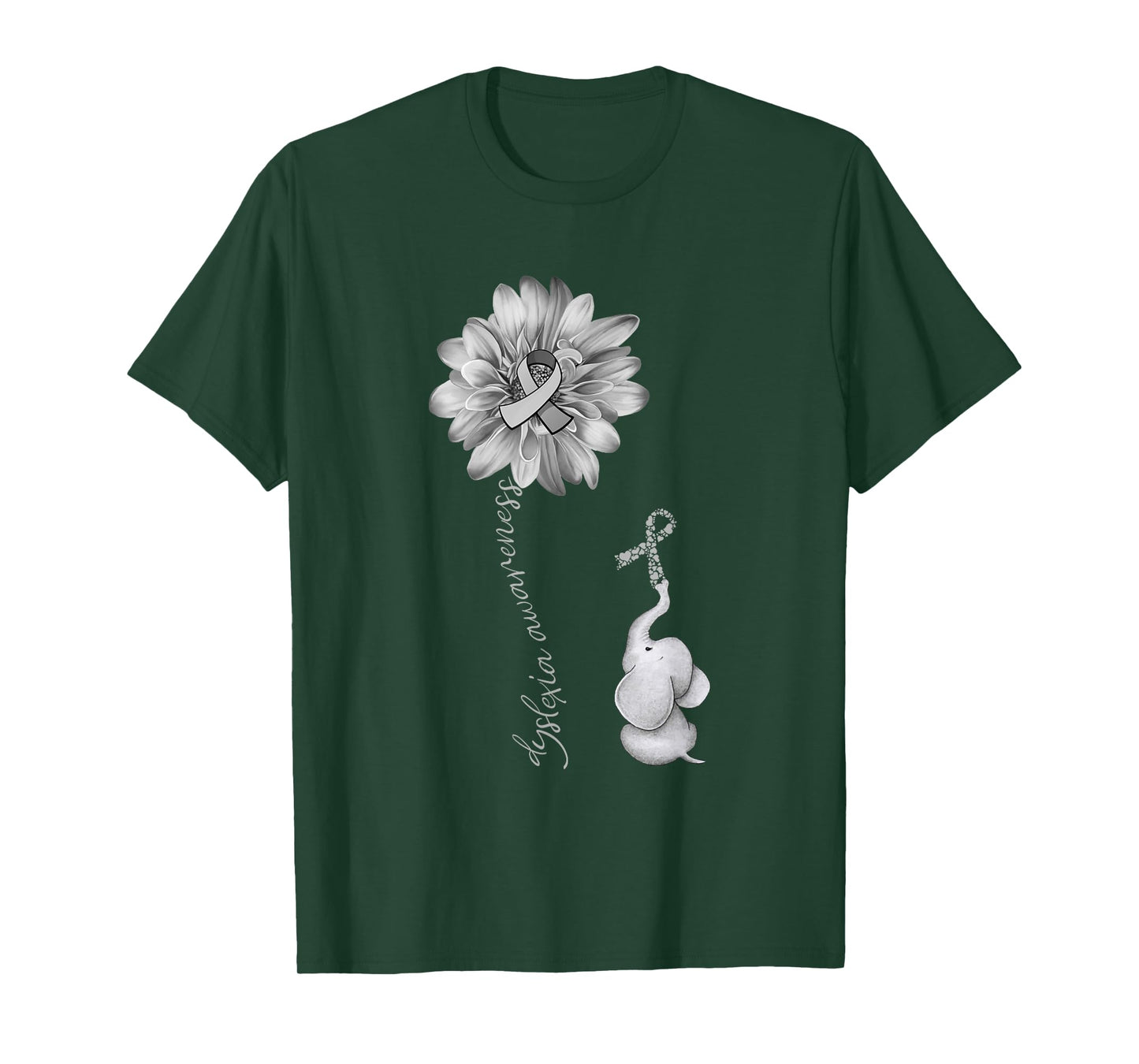 Elephant Sunflower Gray Ribbon Dyslexia Awareness T-Shirt