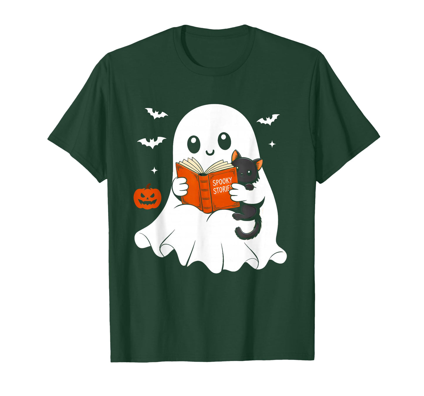 Ghost Reading Book Black Cat Halloween Costume Men Women T-Shirt