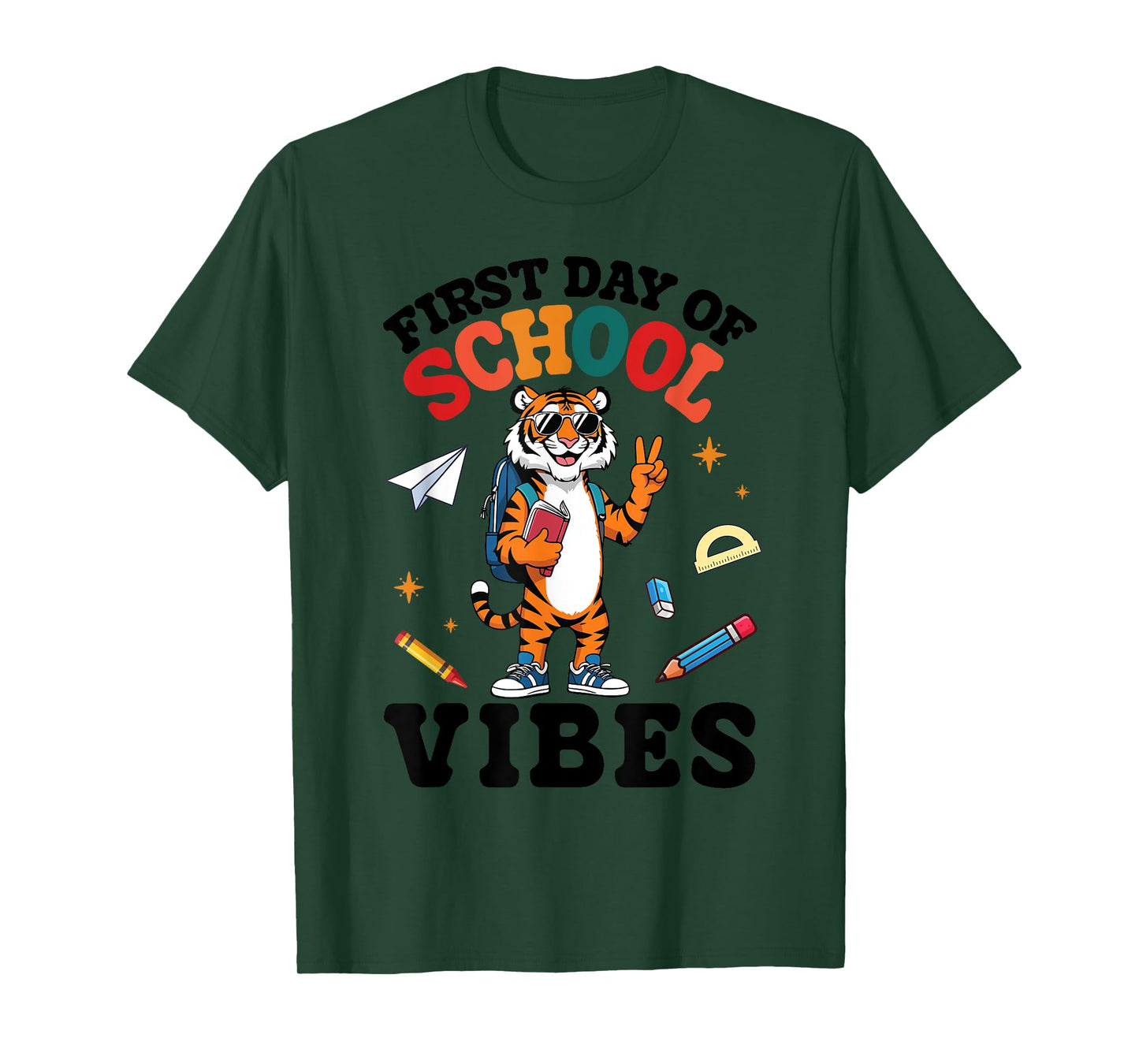 Tiger Student & Peace Sign Books First Day Of School Vibes T-Shirt