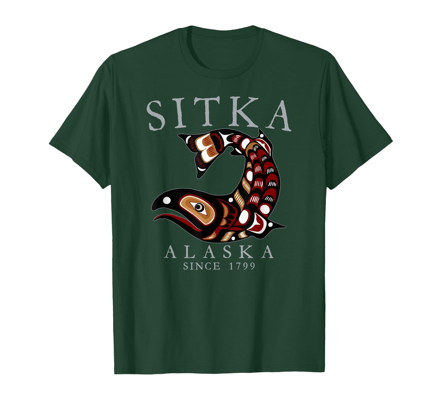 Sitka Alaska Tribal Art Salmon Since 1799 Grey Letters T-Shirt