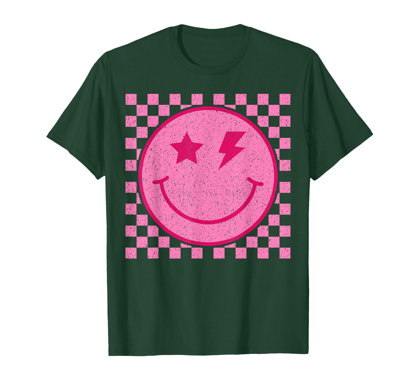 Retro Happy Face Distressed Checkered Pattern Smile Face T-Shirt