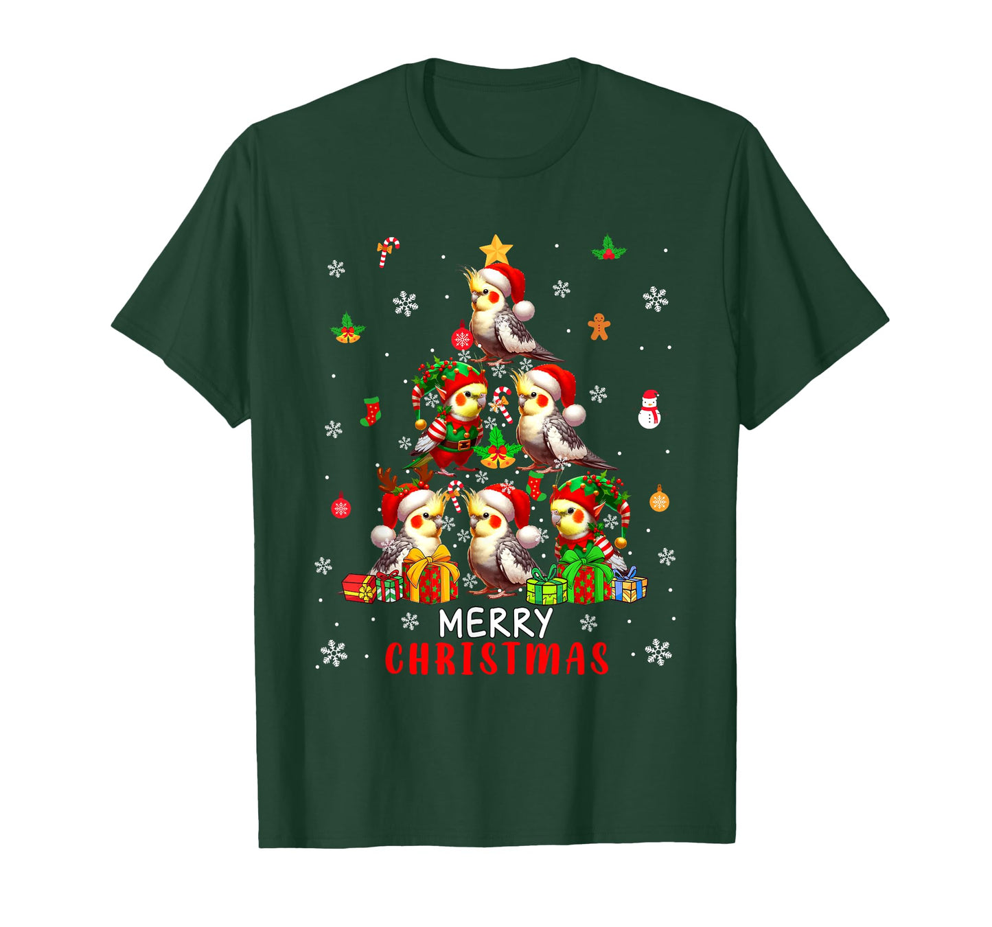Merry Christmas Group Santa Elf Cockatiels As Xmas Tree Bird T-Shirt
