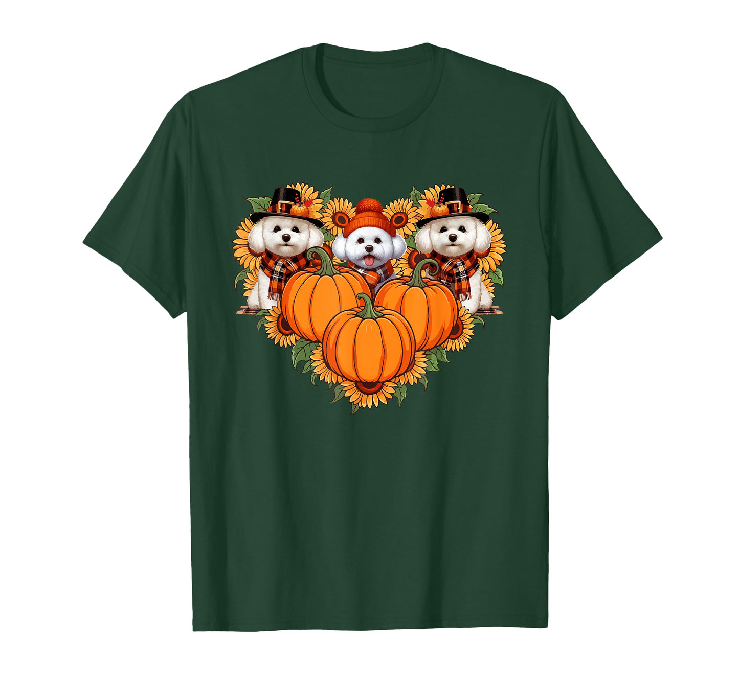 Three Cute Bichon Frises Thanksgiving Pilgrim Sunflowers T-Shirt