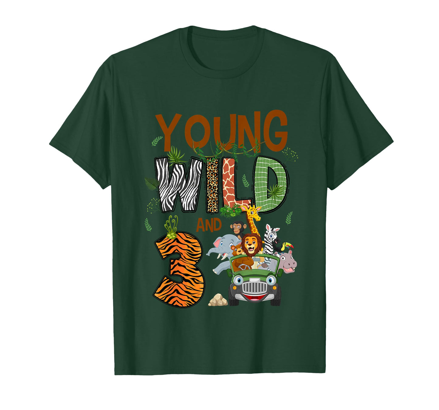 Kids Young Wild And Three 3 Yrs Old Safari Jungle Zoo 3rd B-day T-Shirt