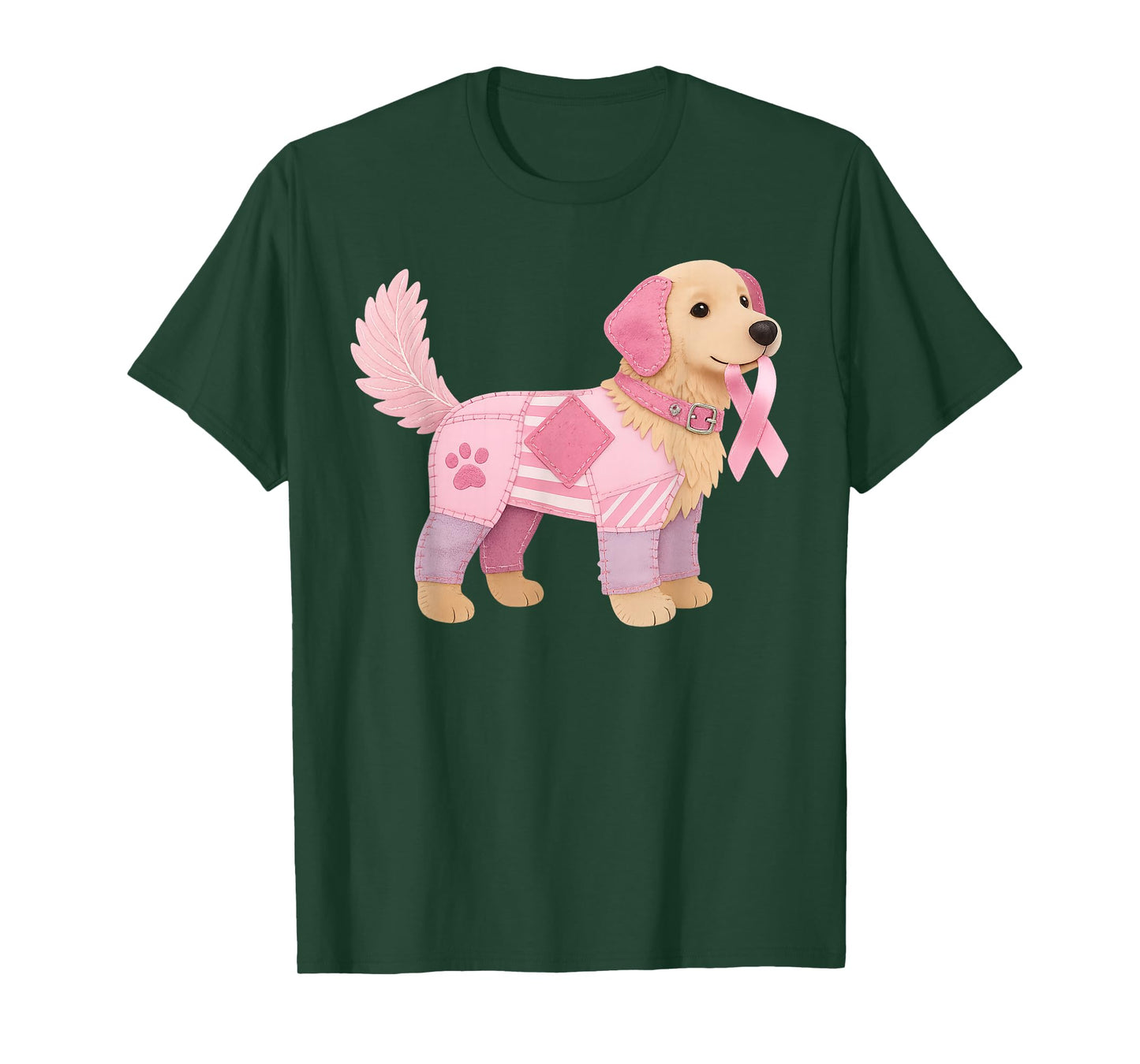 Patchwork Dog Pink Ribbon Breast Cancer Awareness Support T-Shirt