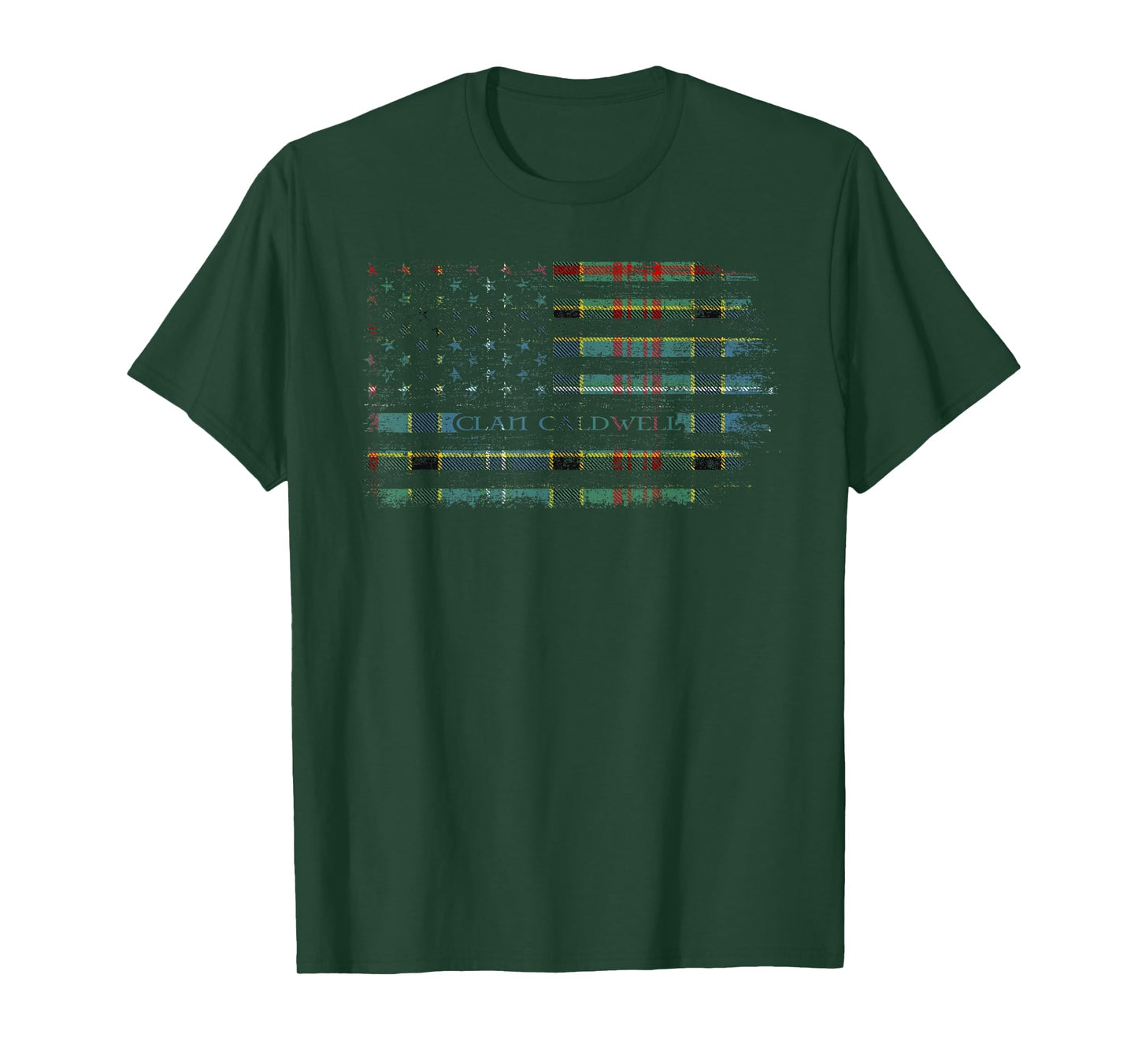 Clan Caldwell Scottish tartan US flag kilt Scotland T-Shirt