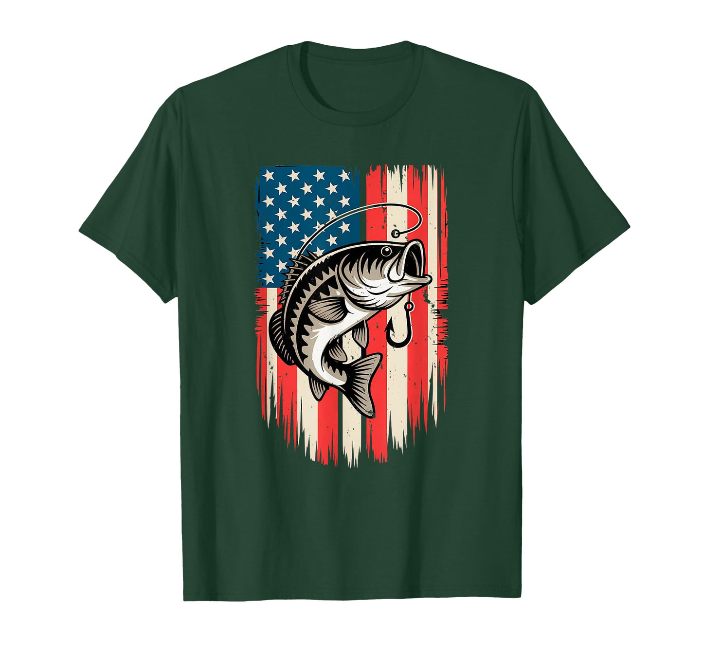 Bass Fishing Big Mouth Jumping Over American Flag T-Shirt