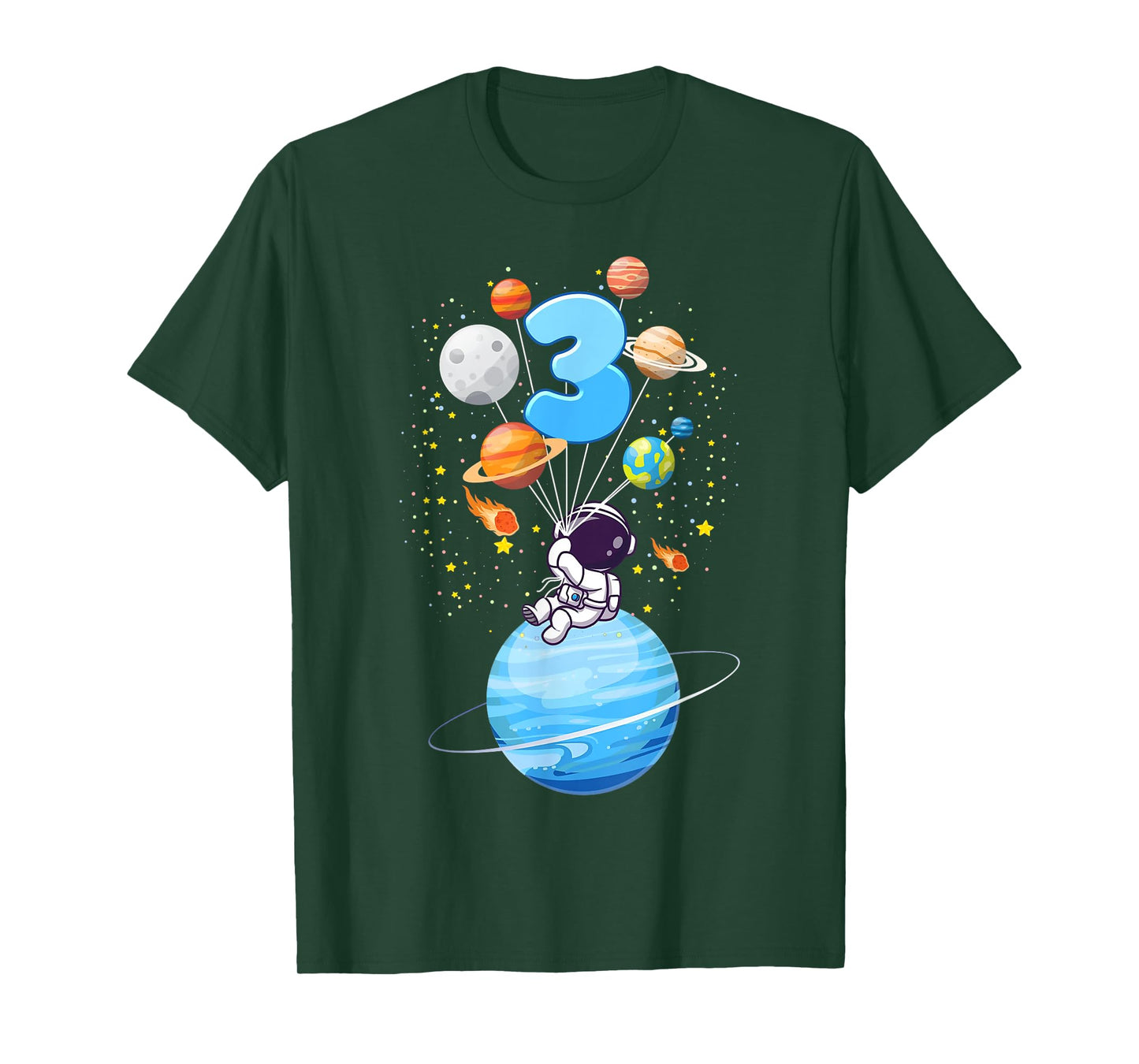 Kids 3 Year Old Astronaut Balloon Planets 3rd Birthday Boy T-Shirt