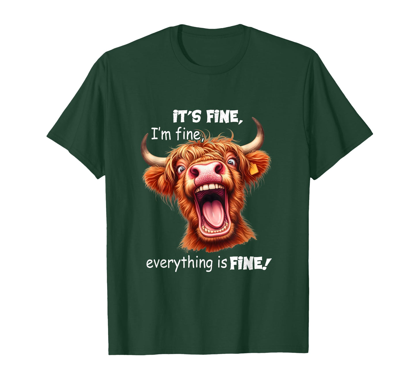 Funny Highland Cow It's Fine I'm Fine Everything Is Fine T-Shirt, Small, Black