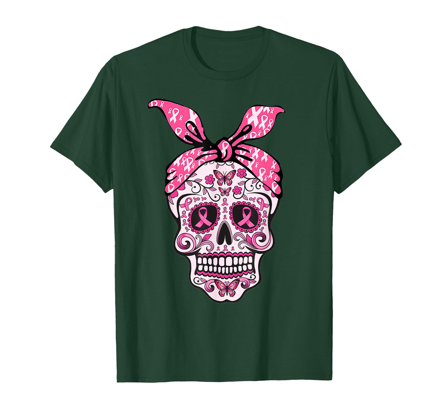 Sugar Skull Pink Ribbon Bandana Calavera Breast Cancer T-Shirt