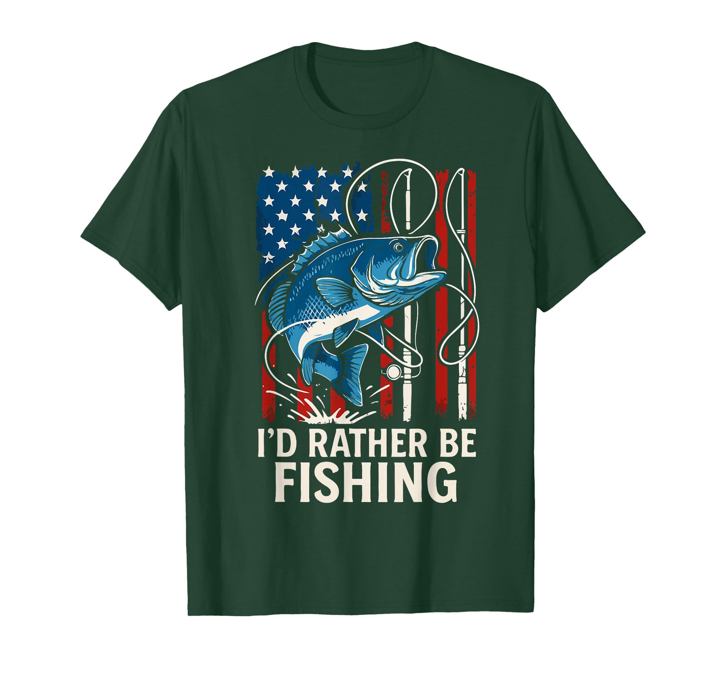Youth Boy Id Rather Be Fishing Pole American Flag Bass Fish T-Shirt