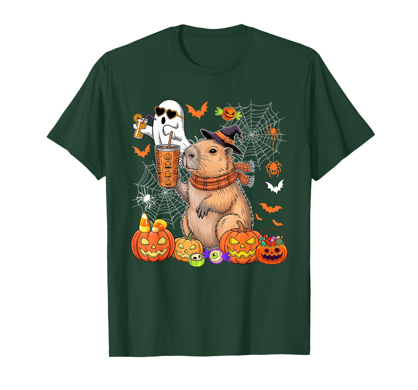 Capybara As Witch Drinking Coffee Halloween Cute Boo Ghost T-Shirt