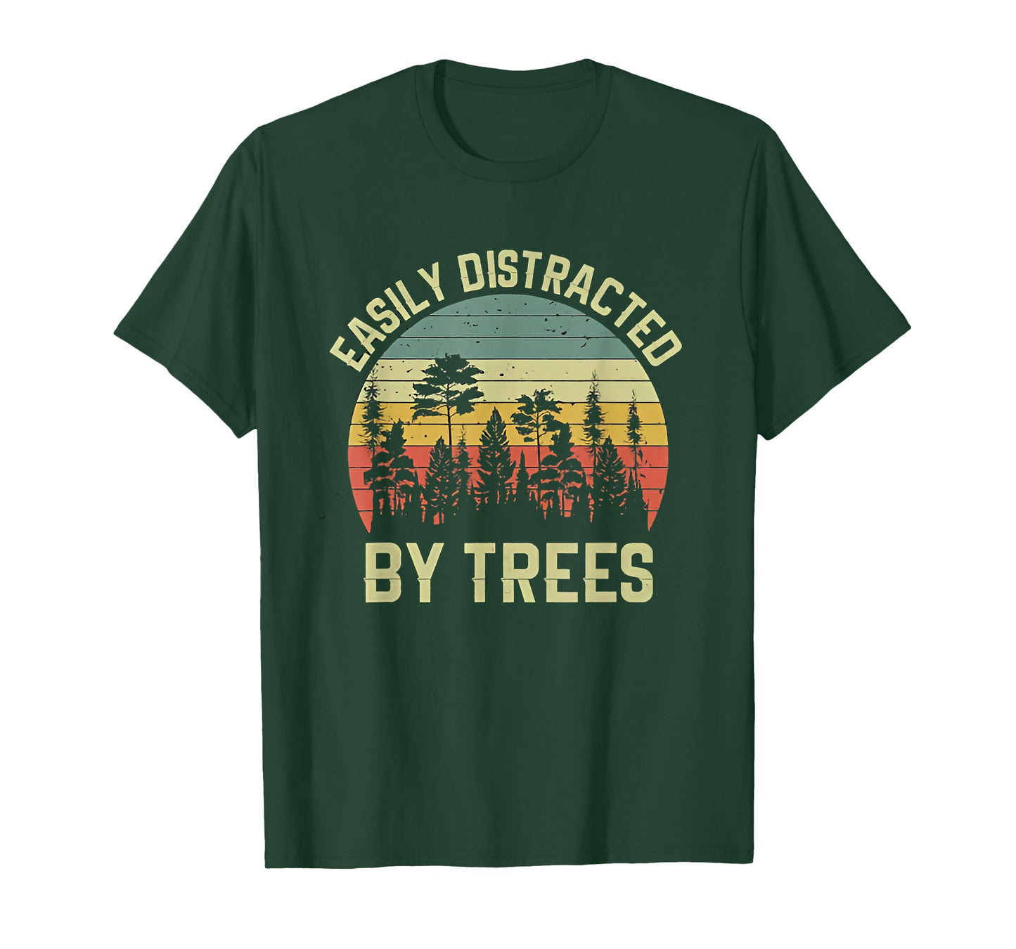 Wekon Easily Distracted By Trees Vintage Funny Tree T-Shirt - Unisex - Black - Small - Short Sleeve - Crew Neck - Retro Tree Print