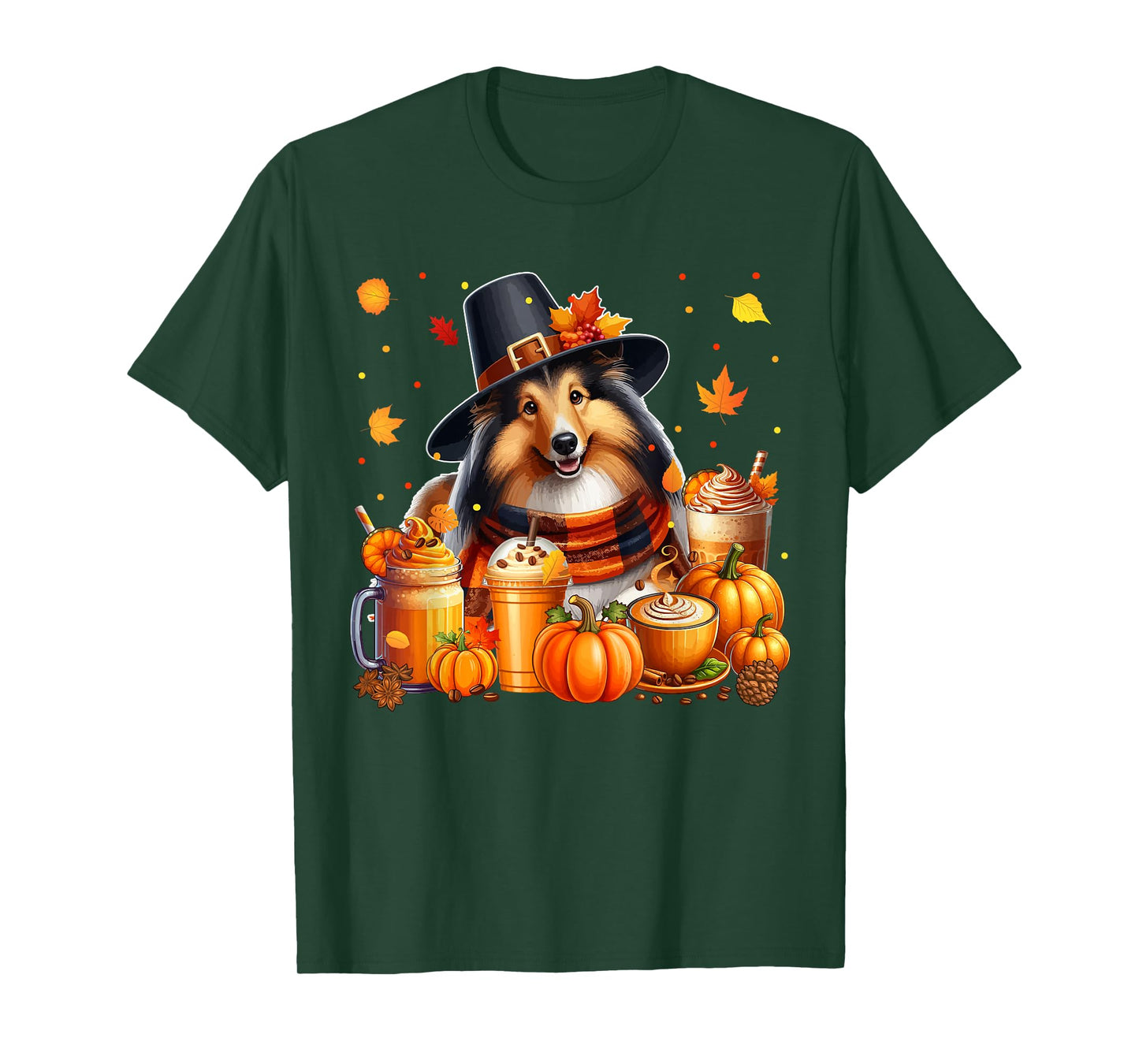 Sheltie Thanksgiving Drinks Coffee Fall Leaves Pumpkins T-Shirt