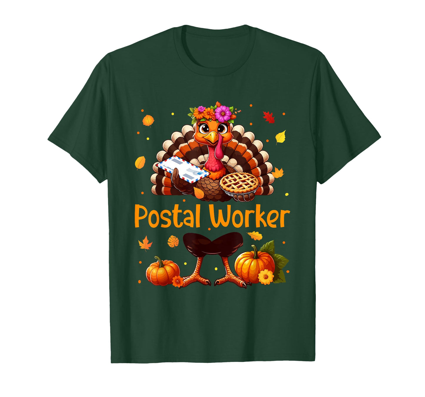 Postal Worker Job Thanksgiving Turkey Flowers Fall Pumpkins T-Shirt