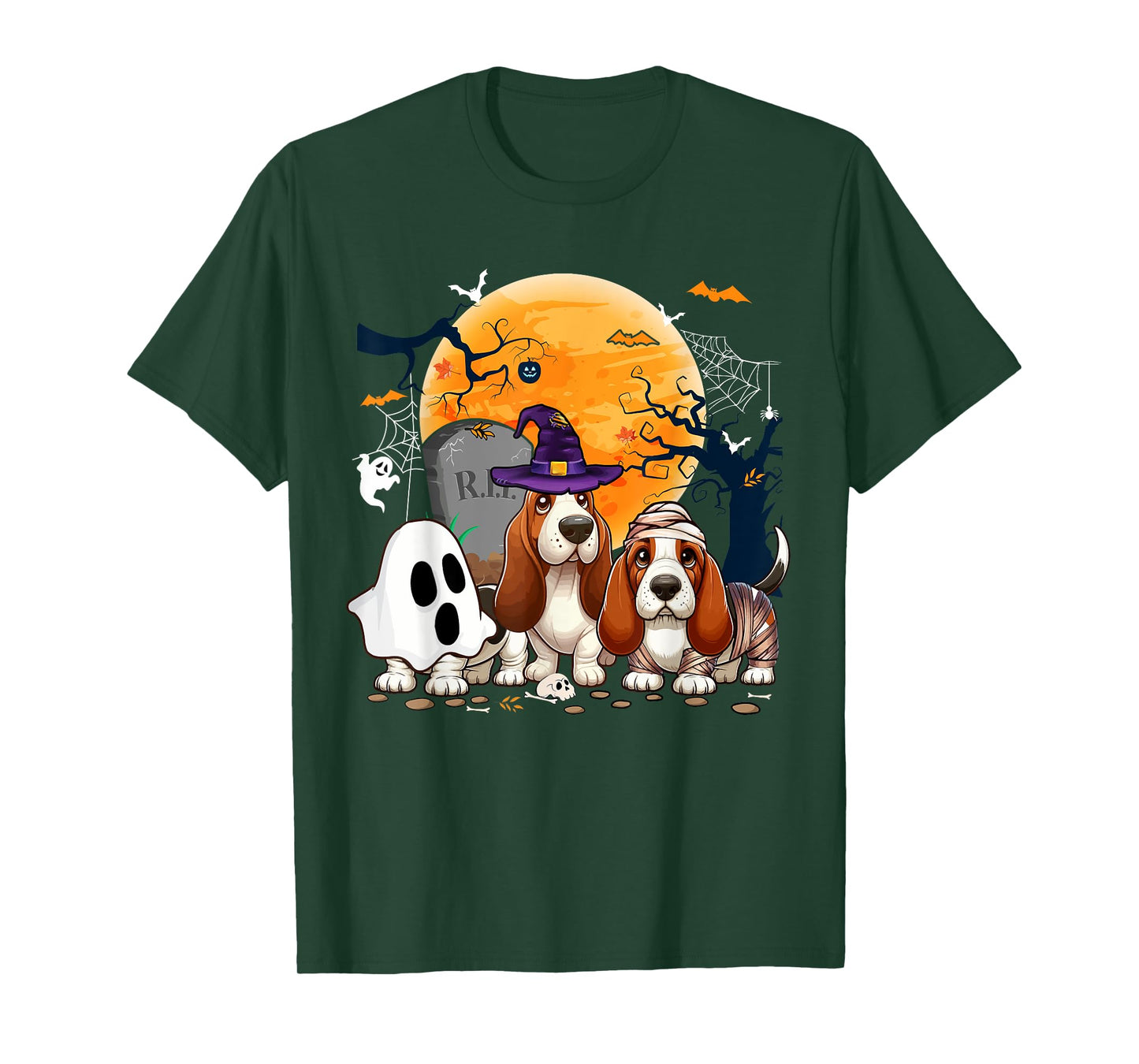 Three Halloween Basset Hounds Cosplay Witch Ghost Mummy T-Shirt