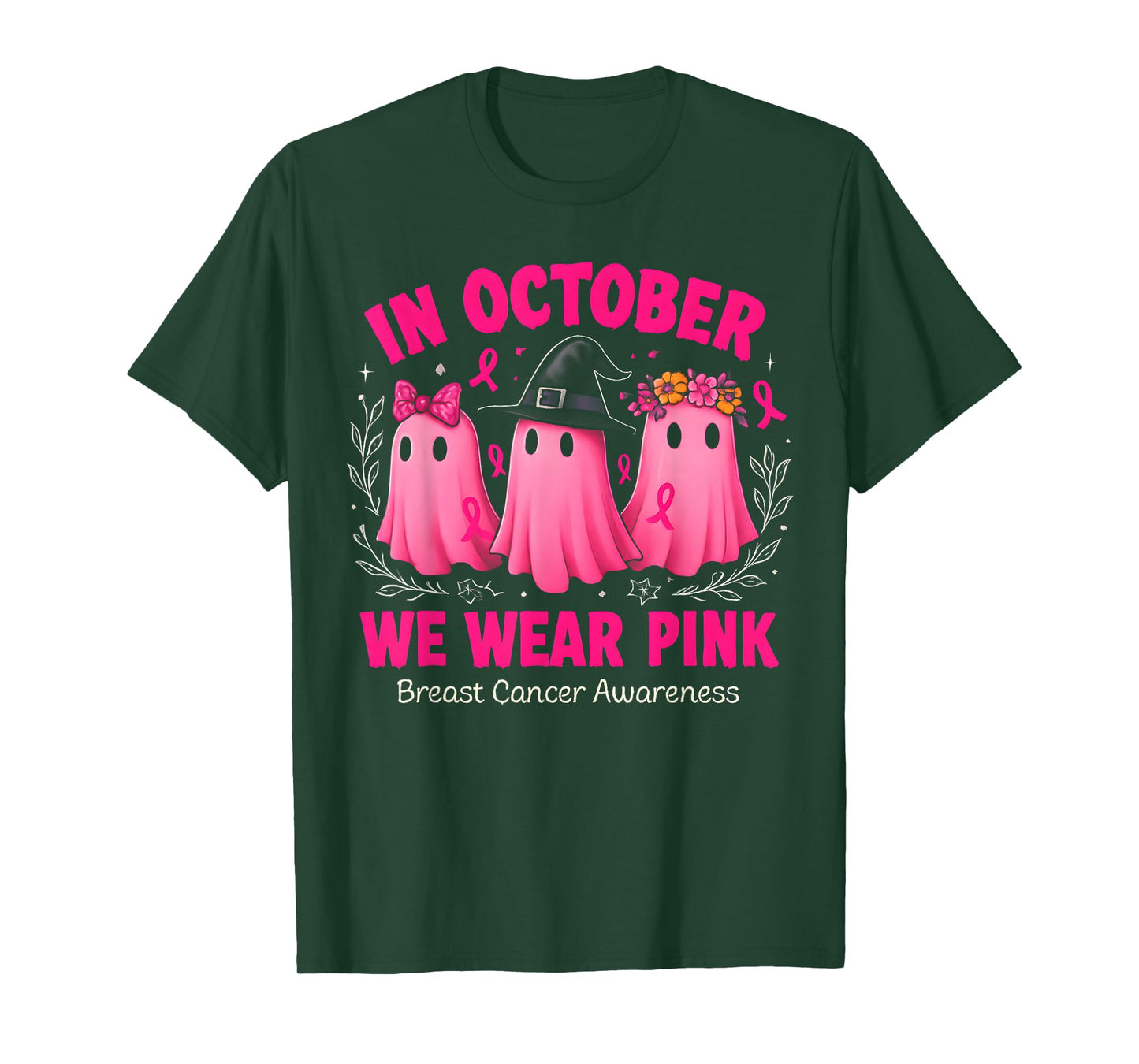 in October We Wear Pink Ghost Halloween Women Breast Cancer T-Shirt