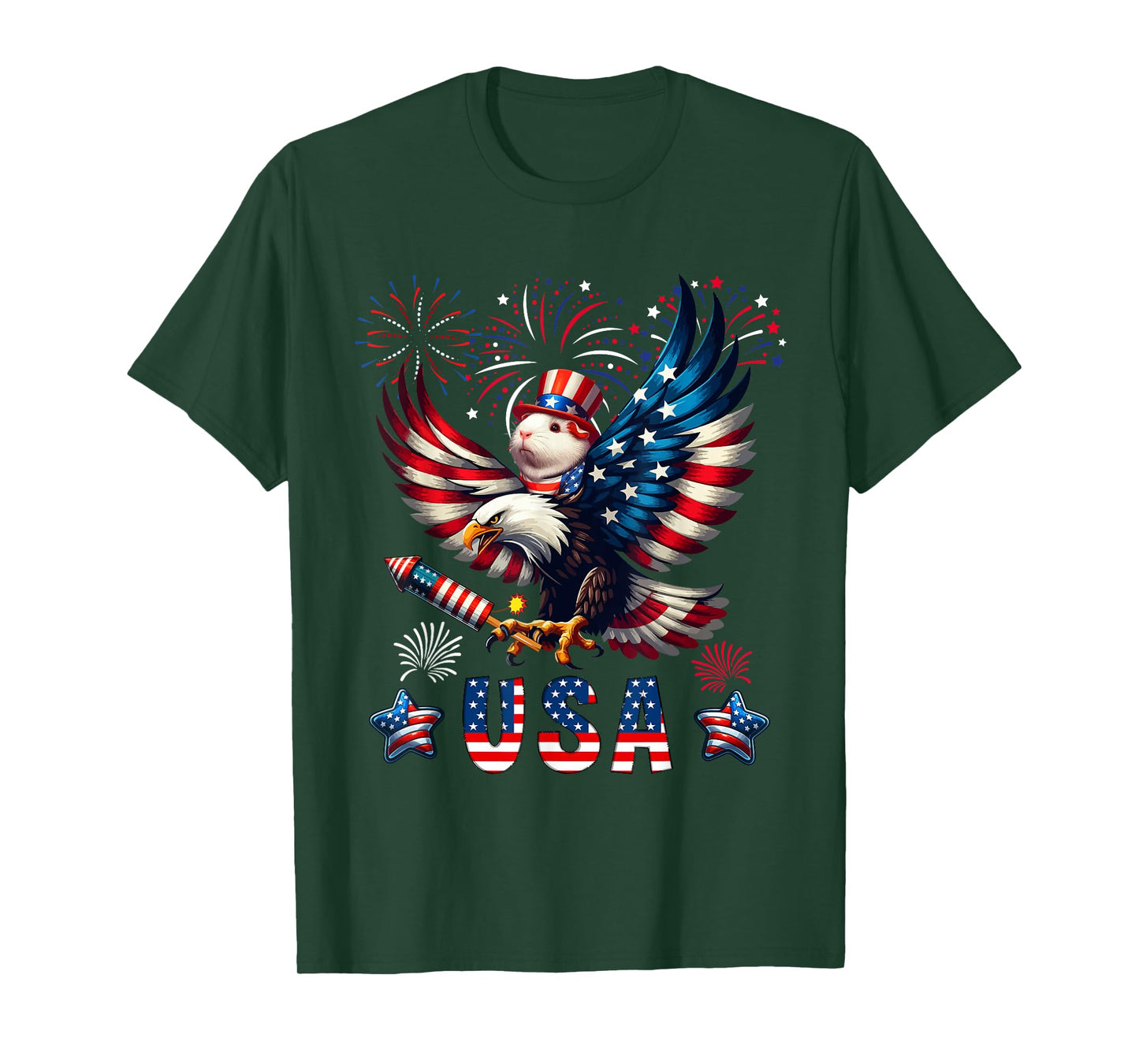 USA 4th Of July Guinea Pig Riding Eagle Fireworks Patriotic T-Shirt for Women Kids Men