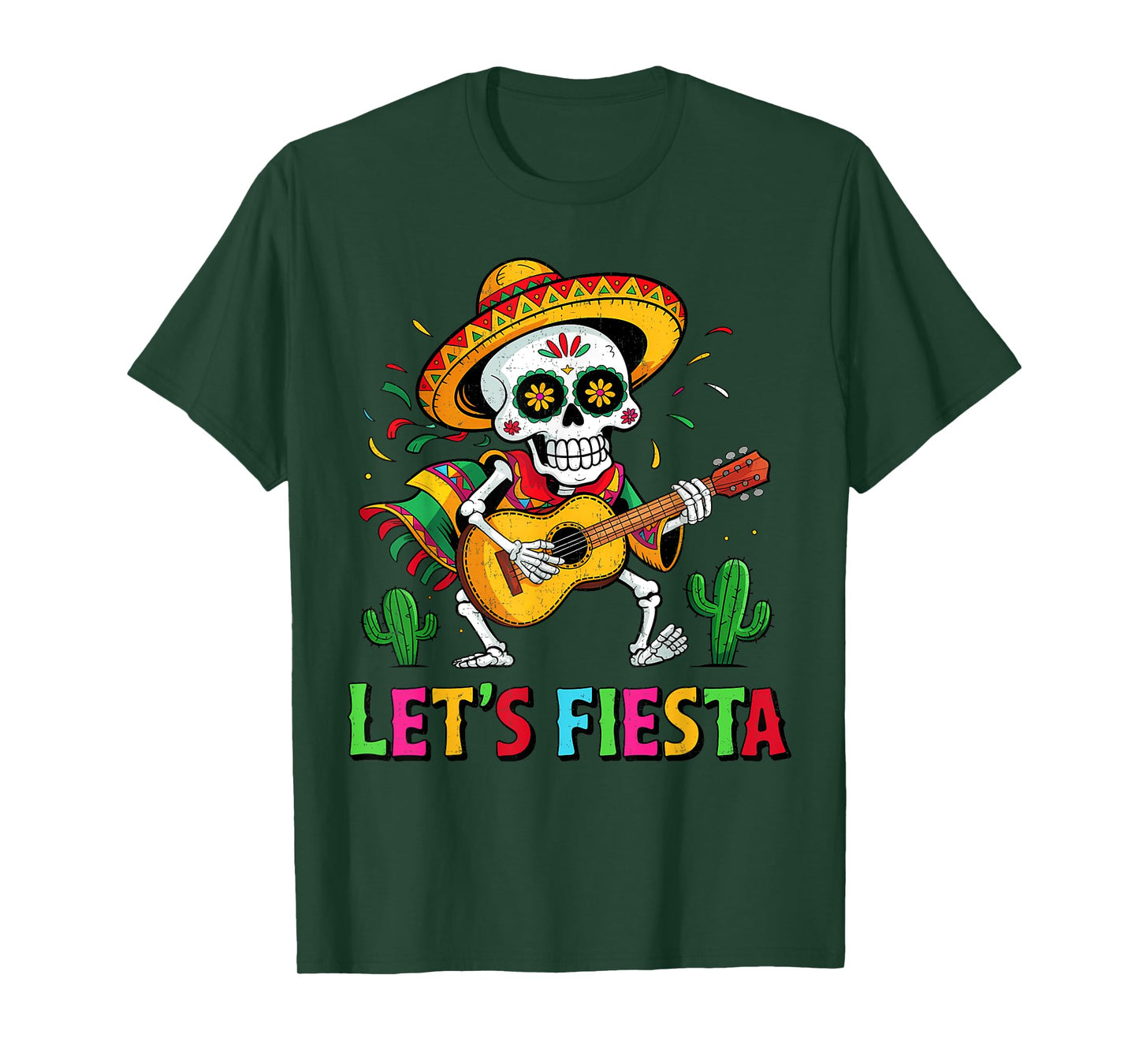 Funny Skull Playing Guitar with Sombrero Let's Fiesta Party T-Shirt