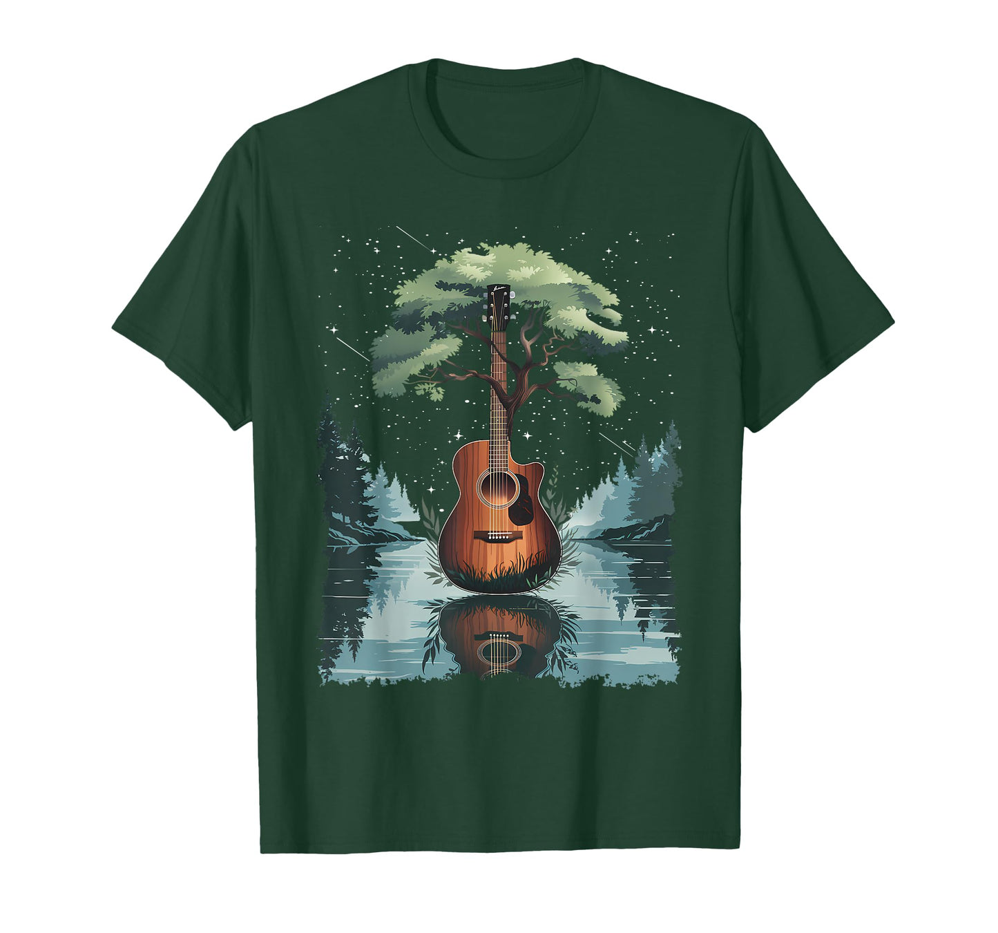 Acoustic Guitar Tree and Moon By The Lake Guitarist T-Shirt