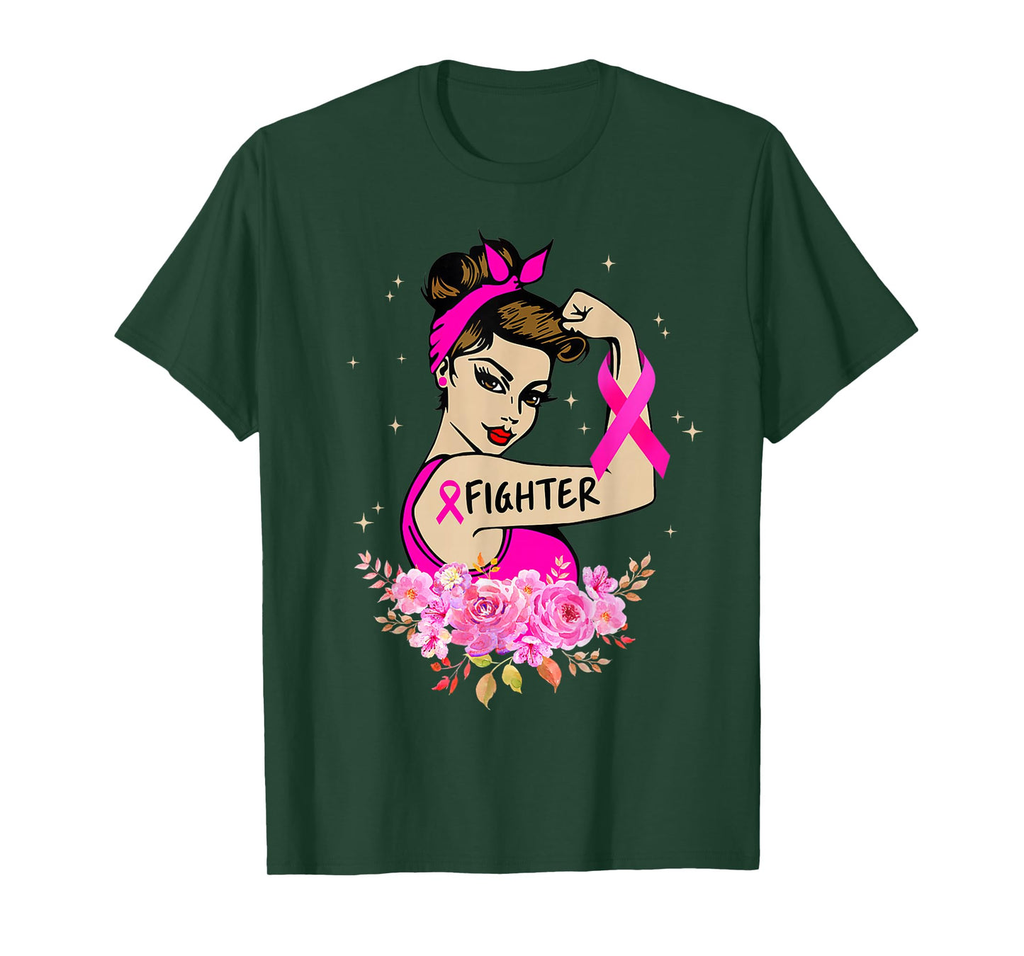 Breast Cancer Fighter Rosie Riveter Pink Ribbon Women Girls T-Shirt