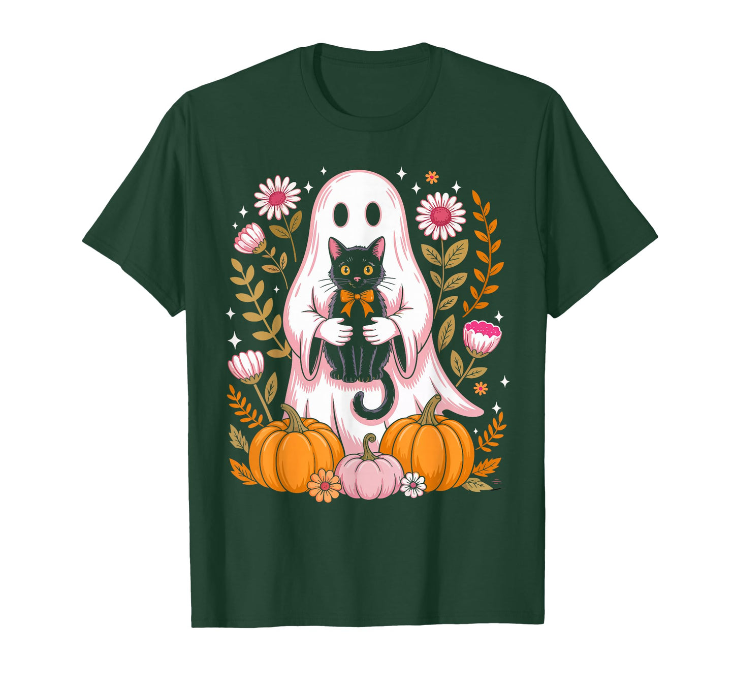 Cute Halloween Ghost Holding Black Cat Vintage Groovy Floral T-Shirt