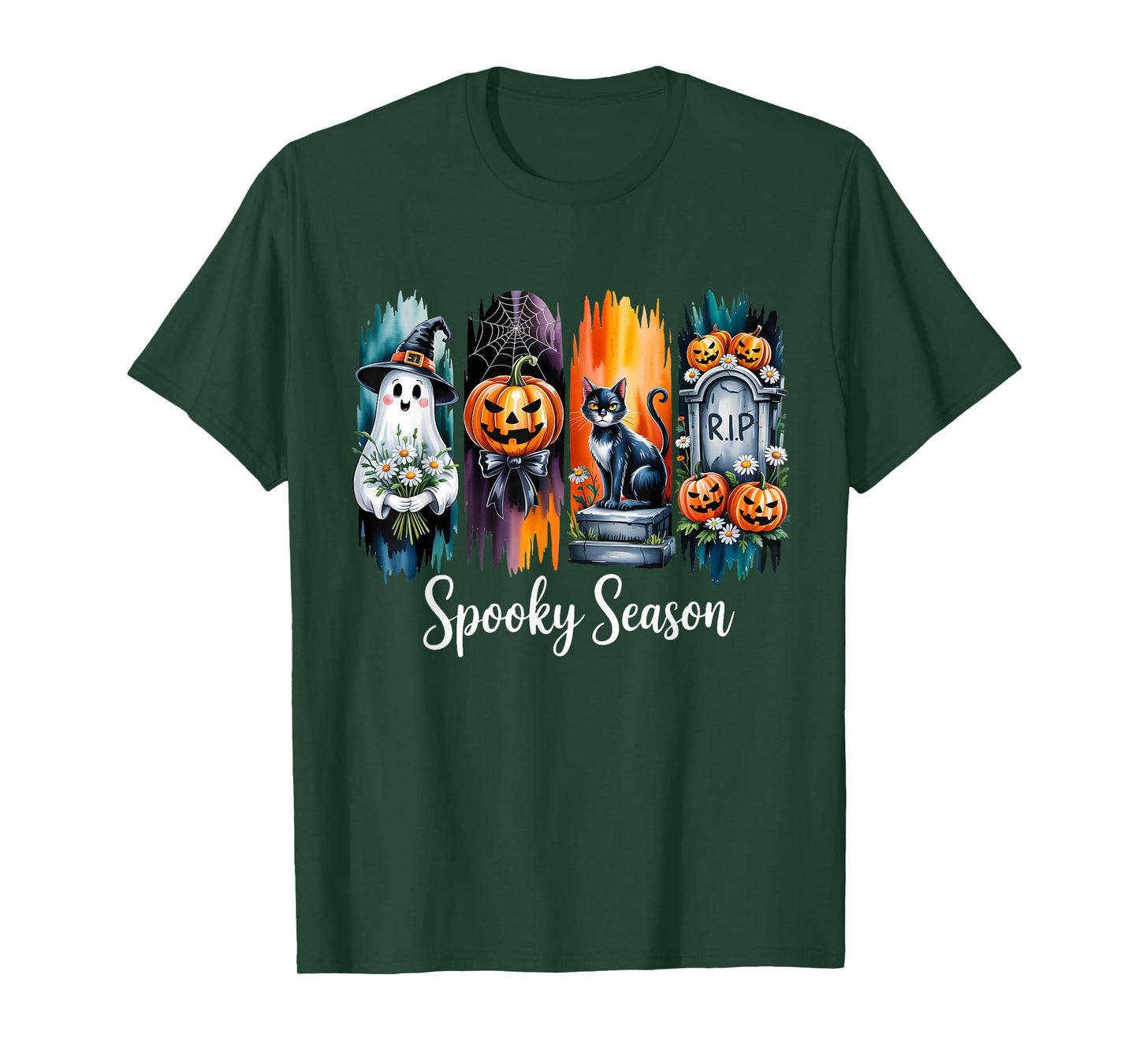 Retro Halloween Floral Ghost Pumpkin Black Cat Spooky Season T-Shirt