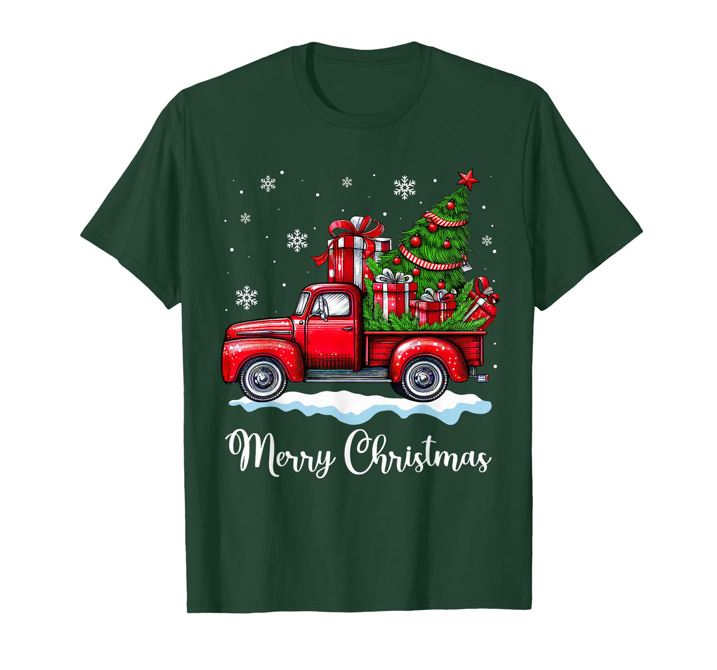 Vintage Merry Christmas Red Truck Funny Xmas Tree Boys Men T-Shirt