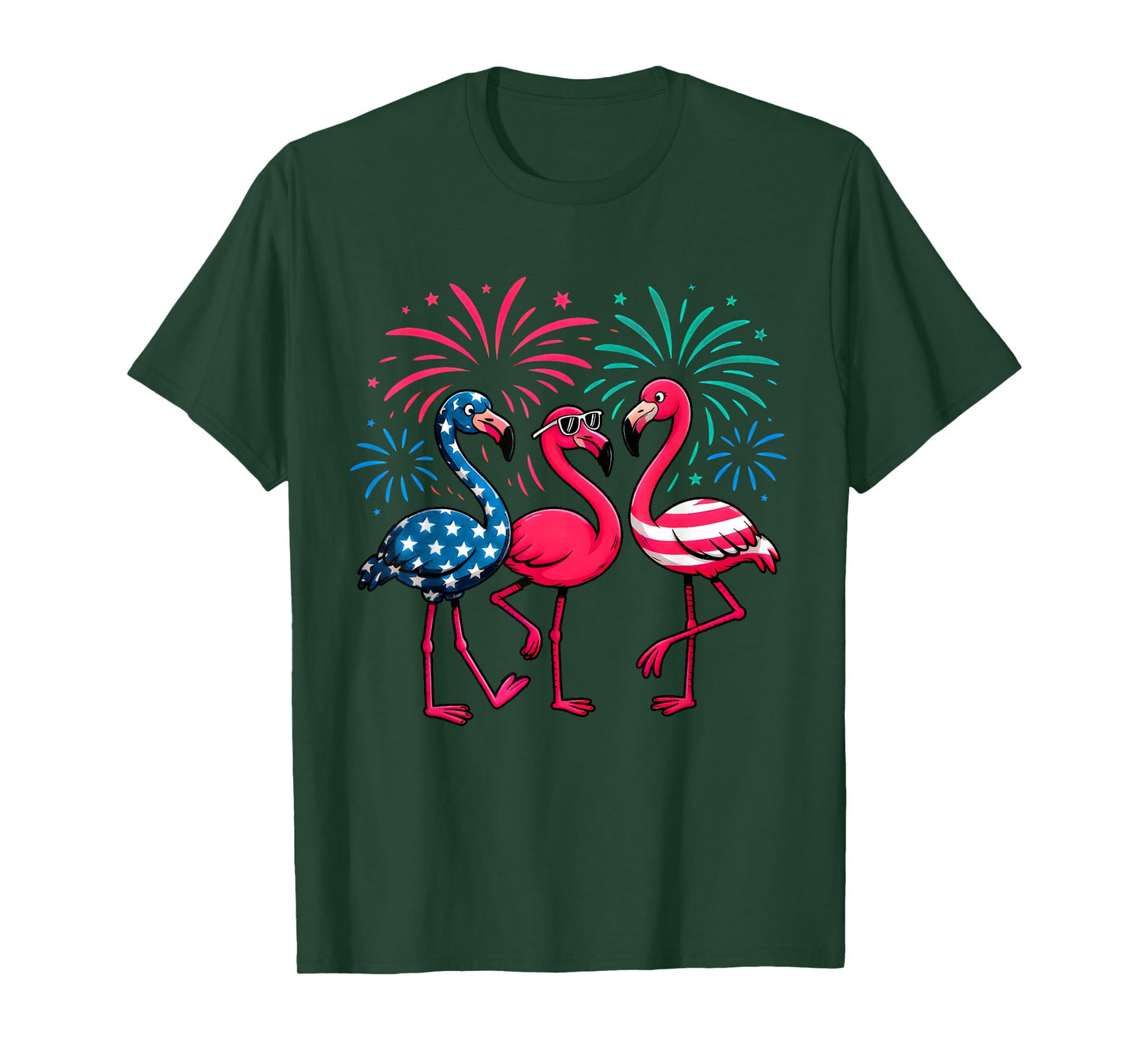 Flamingos And Fireworks Red White Blue 4th Of July American T-Shirt