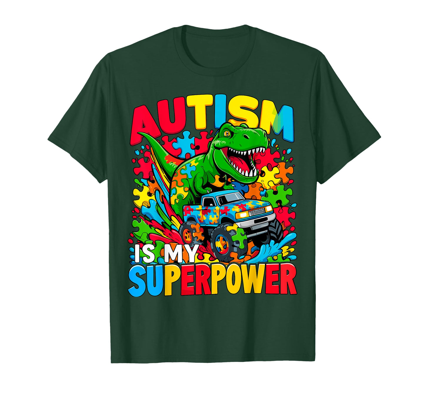 Autism Is My Superpower Dino Boys Monster Truck T-Shirt