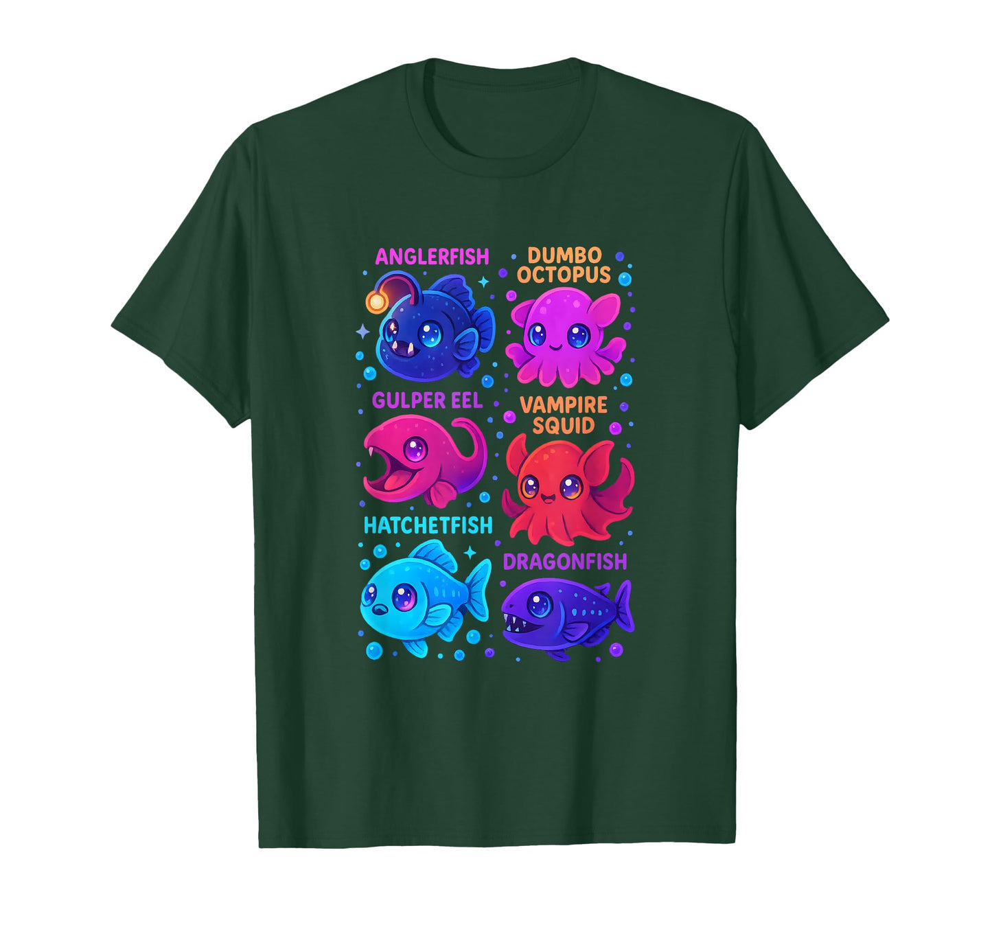 Chibi Deep Sea Creatures Grid Cute Anglerfish and Dumbo T-Shirt