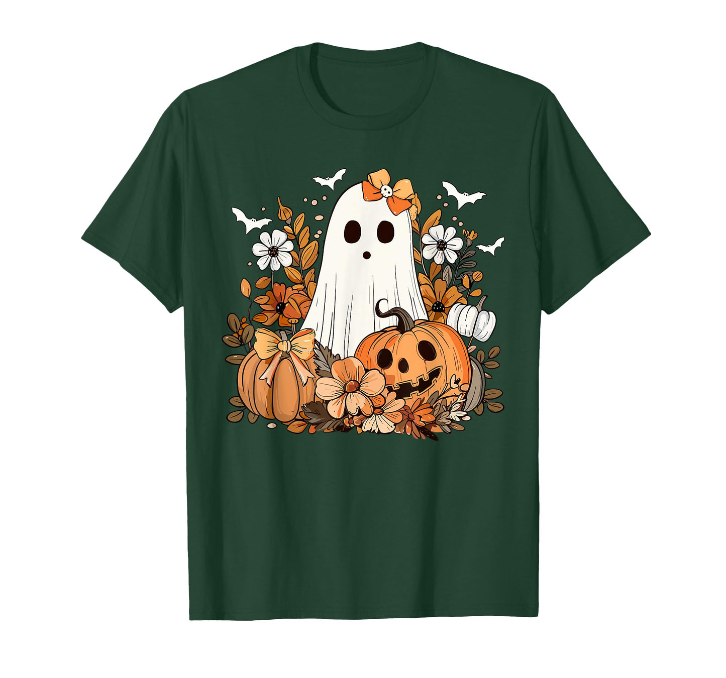 Retro Floral Ghost Cute Pumpkin Autumn Halloween Women Kids T-Shirt