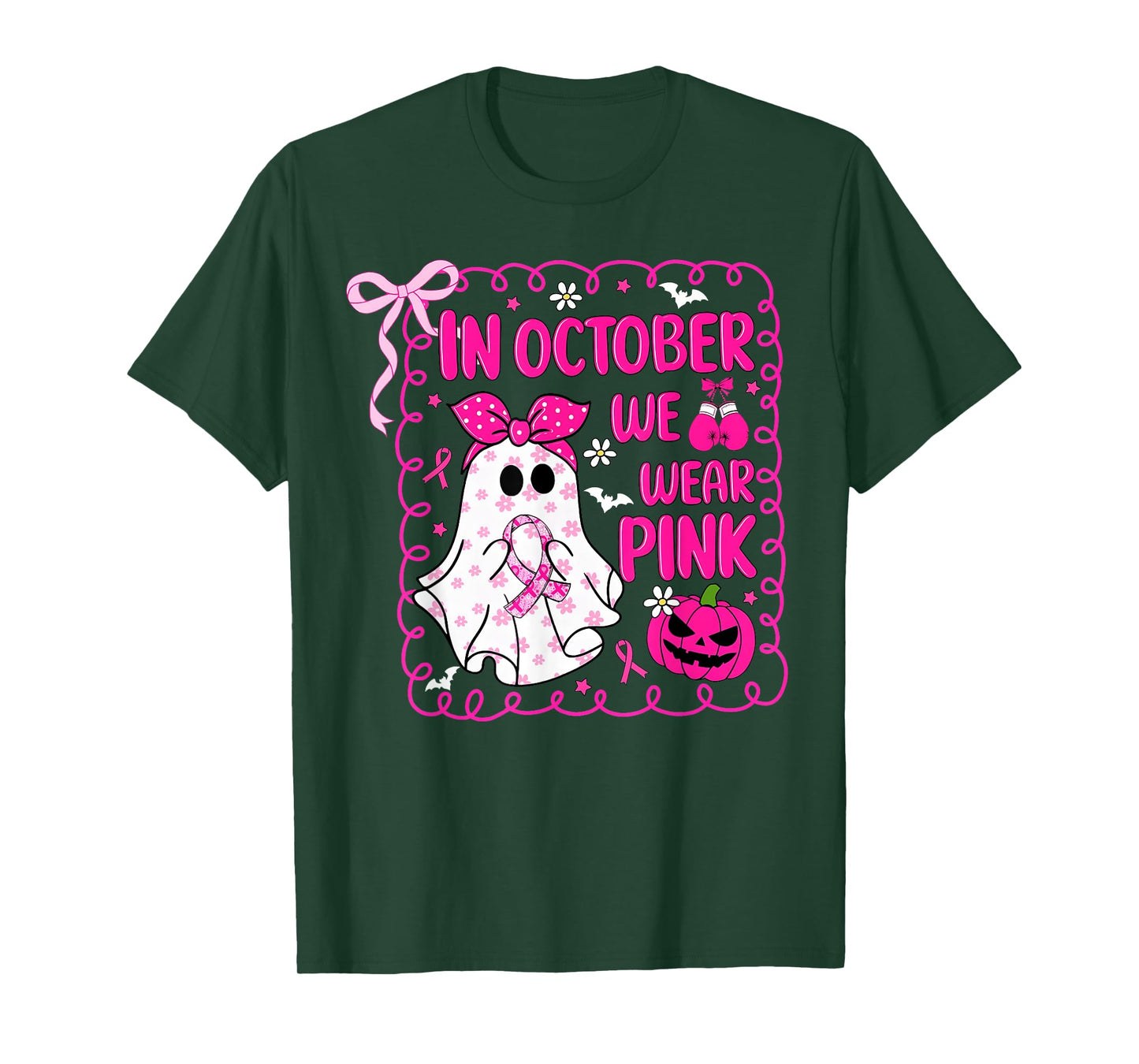 in October We Wear Pink Bow Ghost Breast Cancer Awareness T-Shirt