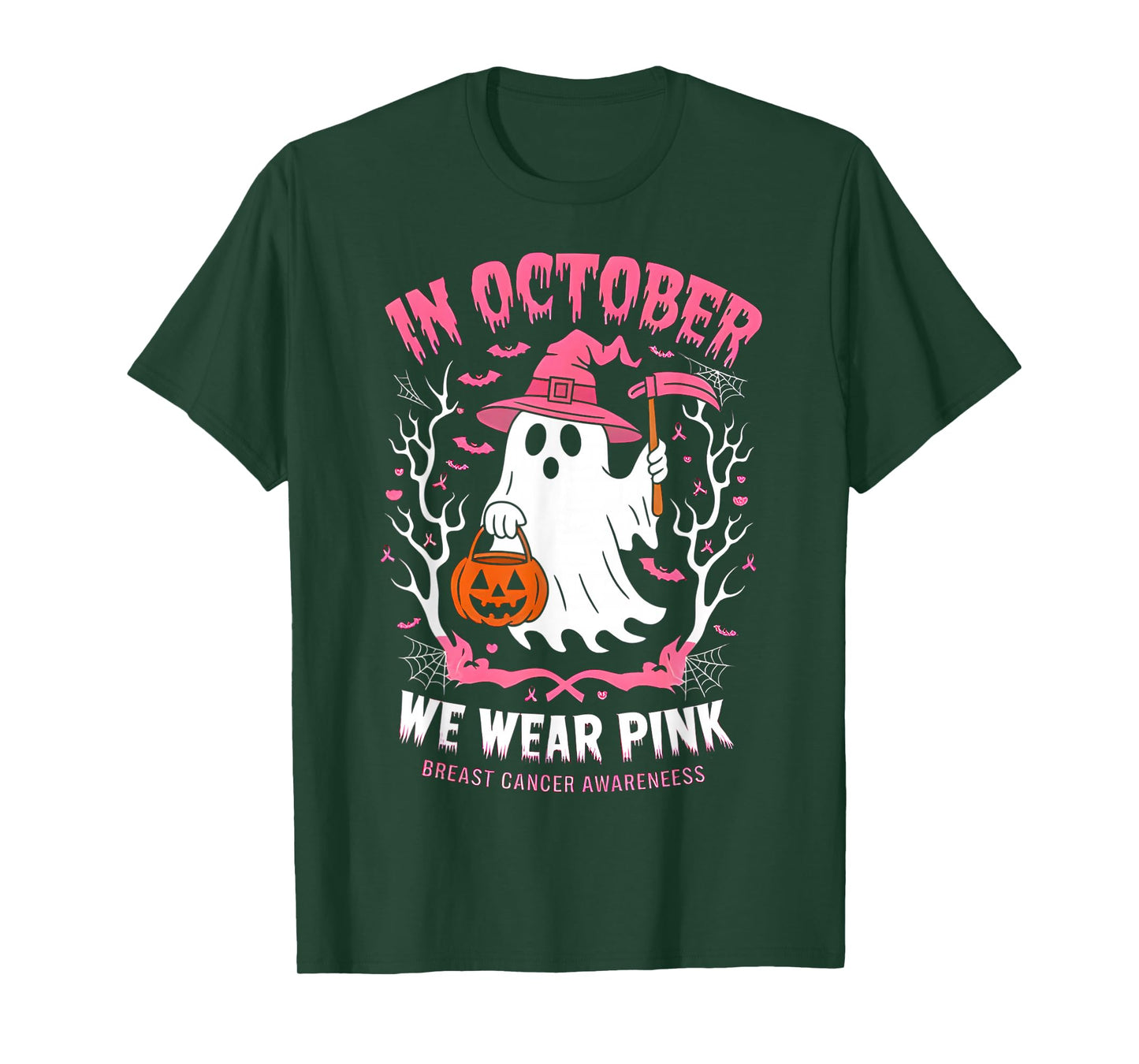 in October We Wear Pink Ghost Witch Breast Cancer Awareness T-Shirt
