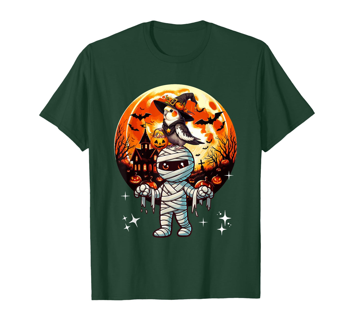 Cockatiel As Witch On Mummy Halloween Candies Basket Pumpkin T-Shirt