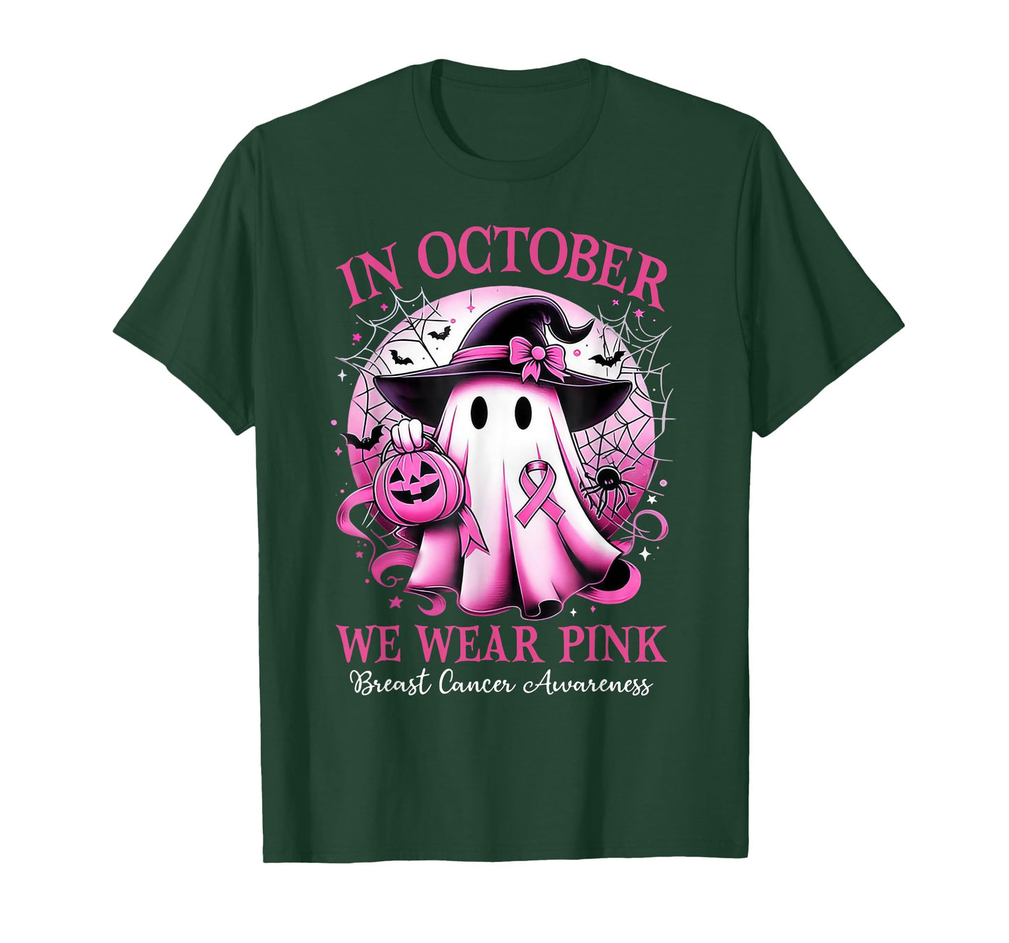 In October We Wear Pink Witch Ghost Breast Cancer Awareness T-Shirt