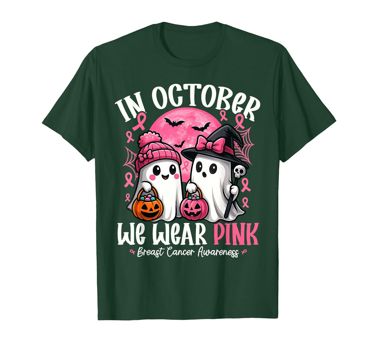 in October We Wear Pink Ghost Witch Breast Cancer Awareness T-Shirt