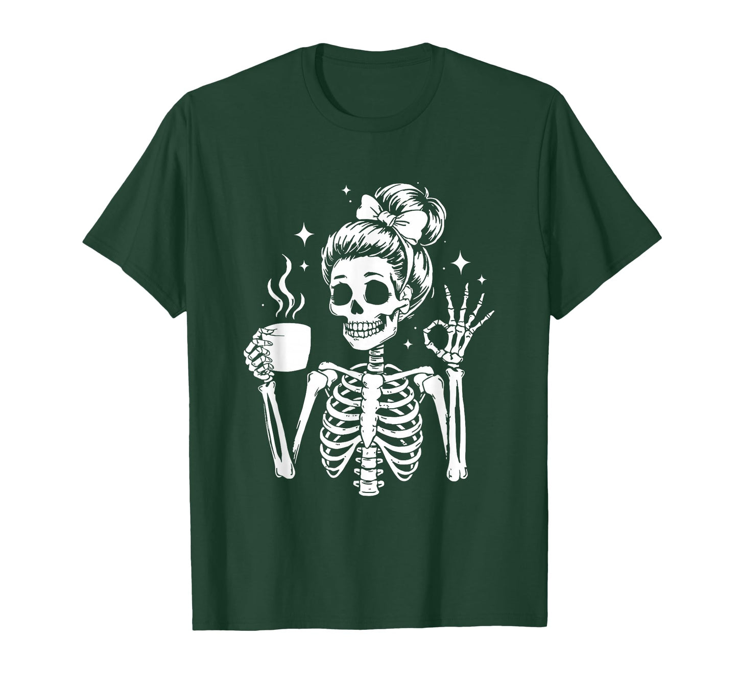 Messy Bun Drinking Coffee for Women Skeleton Tired Mom T-Shirt